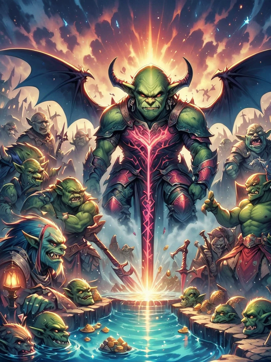 (((Dungeons & Dragons)))，dragon&#39;s underground lair，Dark and damp, full of treasures、bones and weapons，（low light，shadow，strange lamp），huge bat-like folding wings，（horned，scaly，Reptiles），eyes sparkling，Sword and Ax Collection，The box is full of gold coins and gems，water and mineral pool，（FOG），surrounded by net，（Warning tape），Featuring goblins equipped with armor and weapons，Orc and Troll Guards，（Threat exists），Extremely detailed settings, Keith Haring style graffiti,sharp illustration, bold lines and solid colors, simple details, minimalist