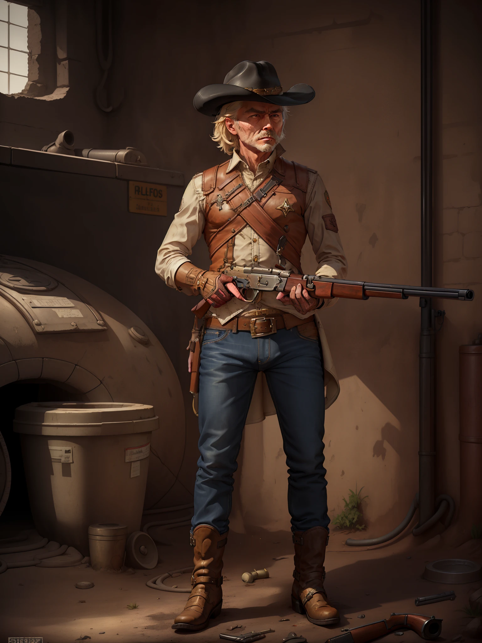 grainy, masterpiece, extremely detailed, 1boy, solo, solo focus, male focus, alien, cowboy hat, jeans, cowboy boots, leather gloves, underground, base city sewers, mature man, holding weapon, leveraction, antique firearm, holding weapon, trigger discipline