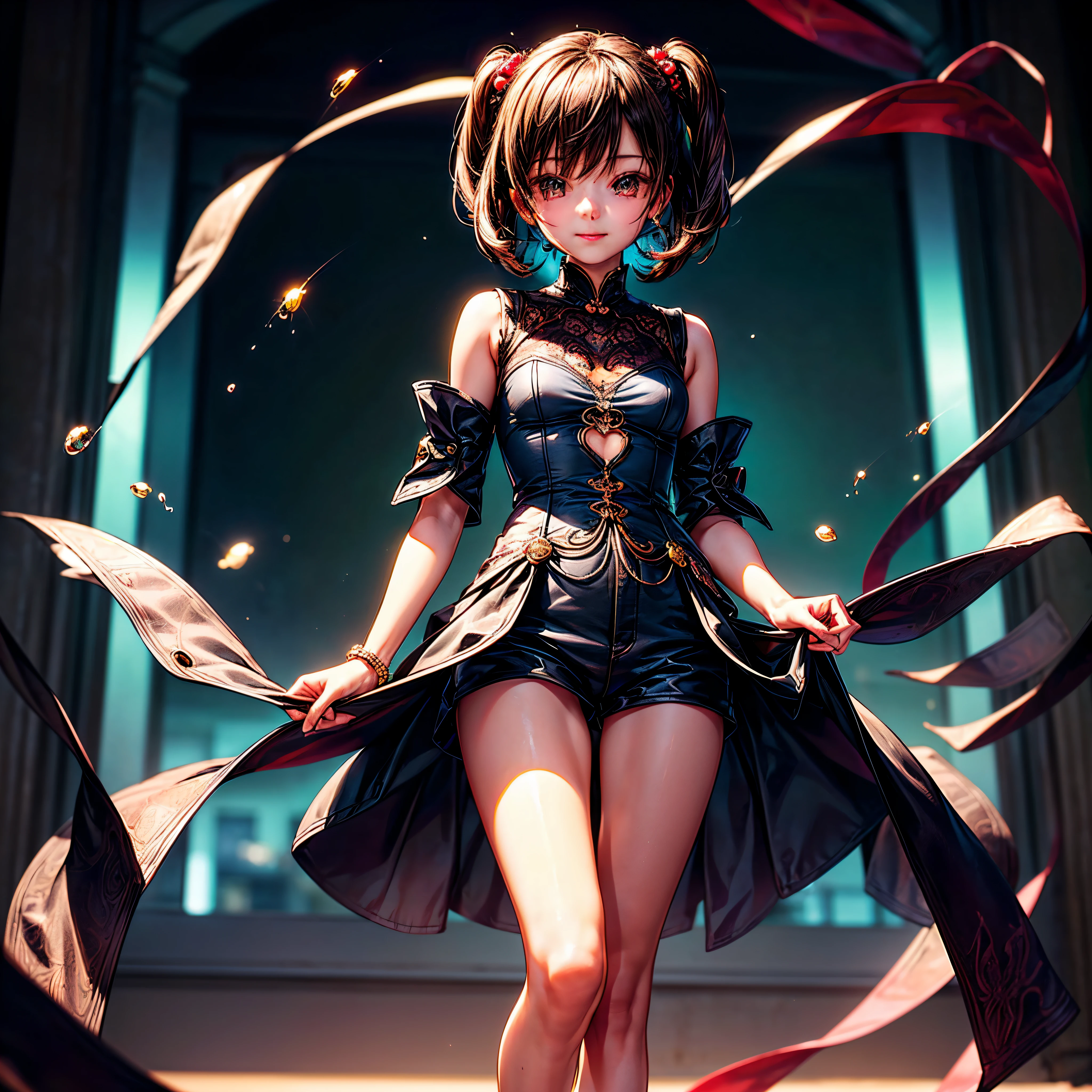 High Quality、4K.8k.. One woman、dance、Yor Forger from the anime SPYXFAMILY、Beautiful Hair、A tight, revealing black dress-style bodysuit with a plunging neckline、cute、A happy smile、Her smile is beautiful and radiant、A rich, detailed painting、Official illustrations、Shoulders, chest and thighs are exposed、Black Hair、Long sideburns、Headband、Black clothes