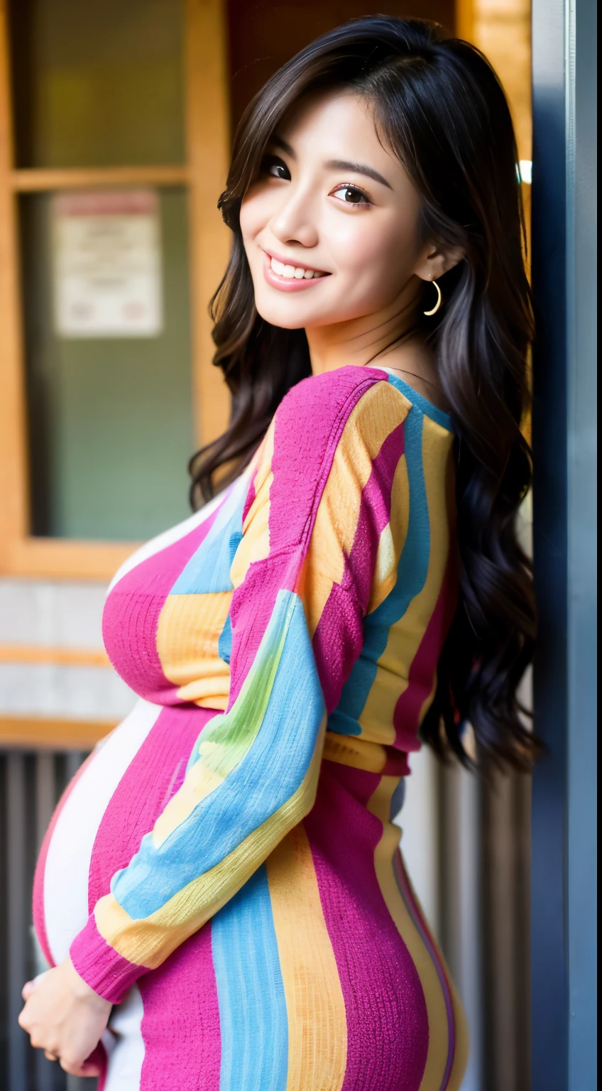 Best-quality, Masterpiece, Ultra-High-Resolution, (Photorealistic:1.4), Raw-Photo, Extremely-Details, Perfect-Anatomy, 1girl, the most famous Japanese actress, cowboy-shot, upturned hip, looking at viewer, beautiful smile, wearing only very tight and long-sleeve colorful knit-dress with cute design, detailed extremely beautiful face like a most popular Japanese actress, detailed extremely beautiful big black solid circle eyes, detailed extremely beautiful hair, detailed extremely beautiful realistic skins, detailed extremely beautiful hip, detailed extremely beautiful big breasts, ((huge pregnant)), detailed extremely beautiful body, detailed extremely beautiful thighs, detailed very tight and long-sleeve colorful knit-dress with cute design