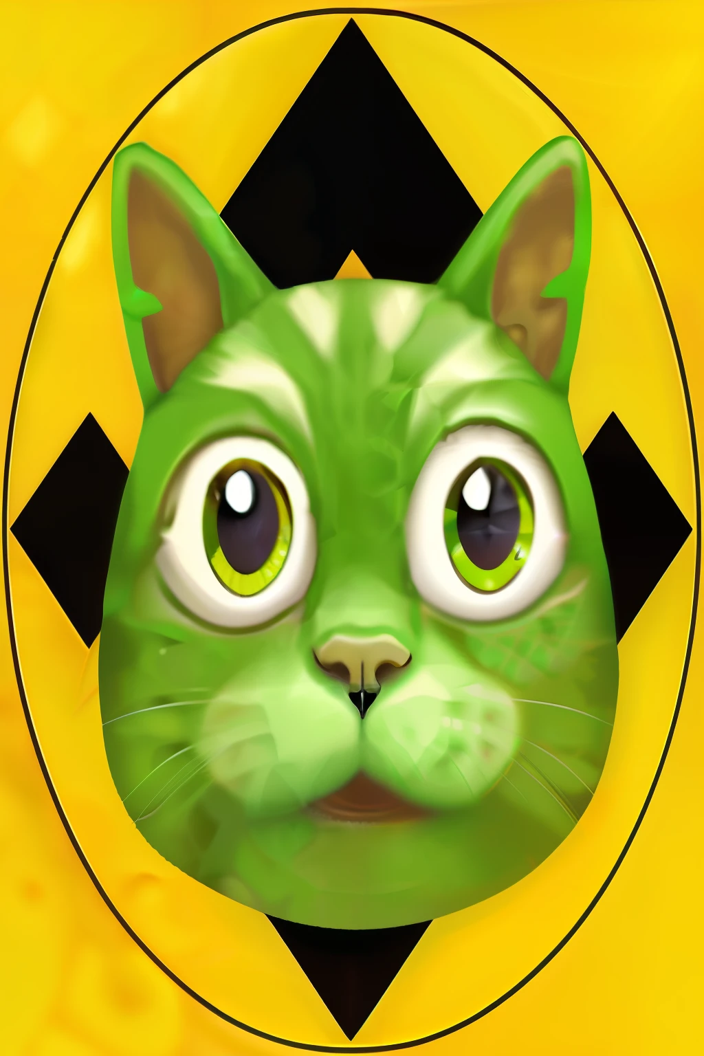 a close up of a green cat with a black diamond in the background, toxic cat, cat head, !!! cat!!!, digital art emoji collection, satoshi, with symmetrical head and eyes, a cat, 🐿🍸🍋, cat face, 🐋 as 🐘 as 🤖 as 👽 as 🐳, cute round green slanted eyes, meow