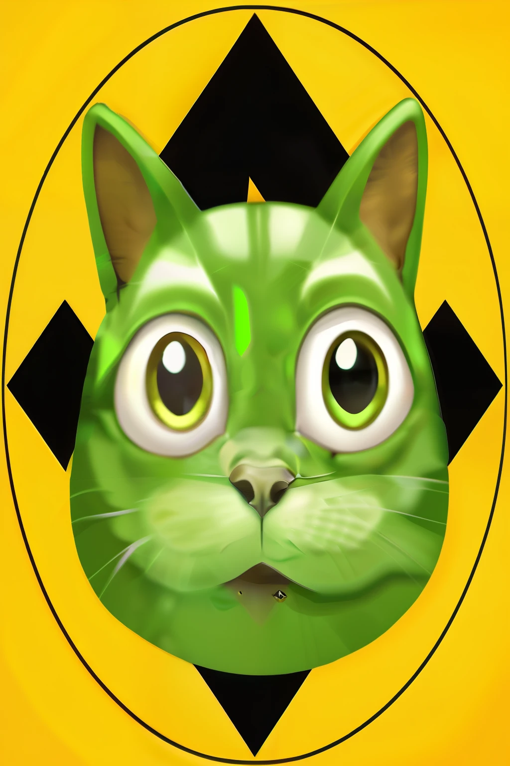 a close up of a green cat with a black diamond in the background, toxic cat, cat head, !!! cat!!!, digital art emoji collection, satoshi, with symmetrical head and eyes, a cat, 🐿🍸🍋, cat face, 🐋 as 🐘 as 🤖 as 👽 as 🐳, cute round green slanted eyes, meow