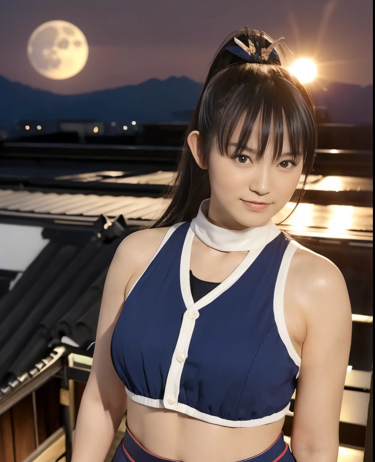 (highest quality:1.2),(perfect beautiful face:1.2),(perfect and beautiful posture:1.2),(japanese woman:1.1), ponytail hair,Big Full Moon Night, on the roof of the building,  smile, (Chunky muscular body:1.2),Ultra-high precision photos,clear eyes, (blue japanese clothes:1.3,(cheerleader style costume:0.8)),(DOAKasumi:1.1)