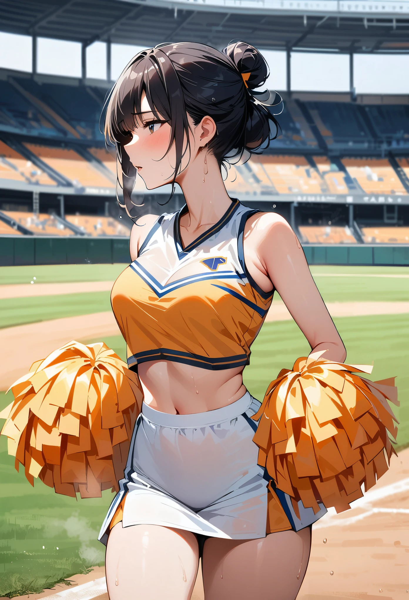 (masterpiece, best quality:1.2), 1 girl, alone , sexy ,  (a cheerleader uniform) , (cowboy shot) , black hair ,  (white sports bra) , (hair bun) , Sweat, baseball park