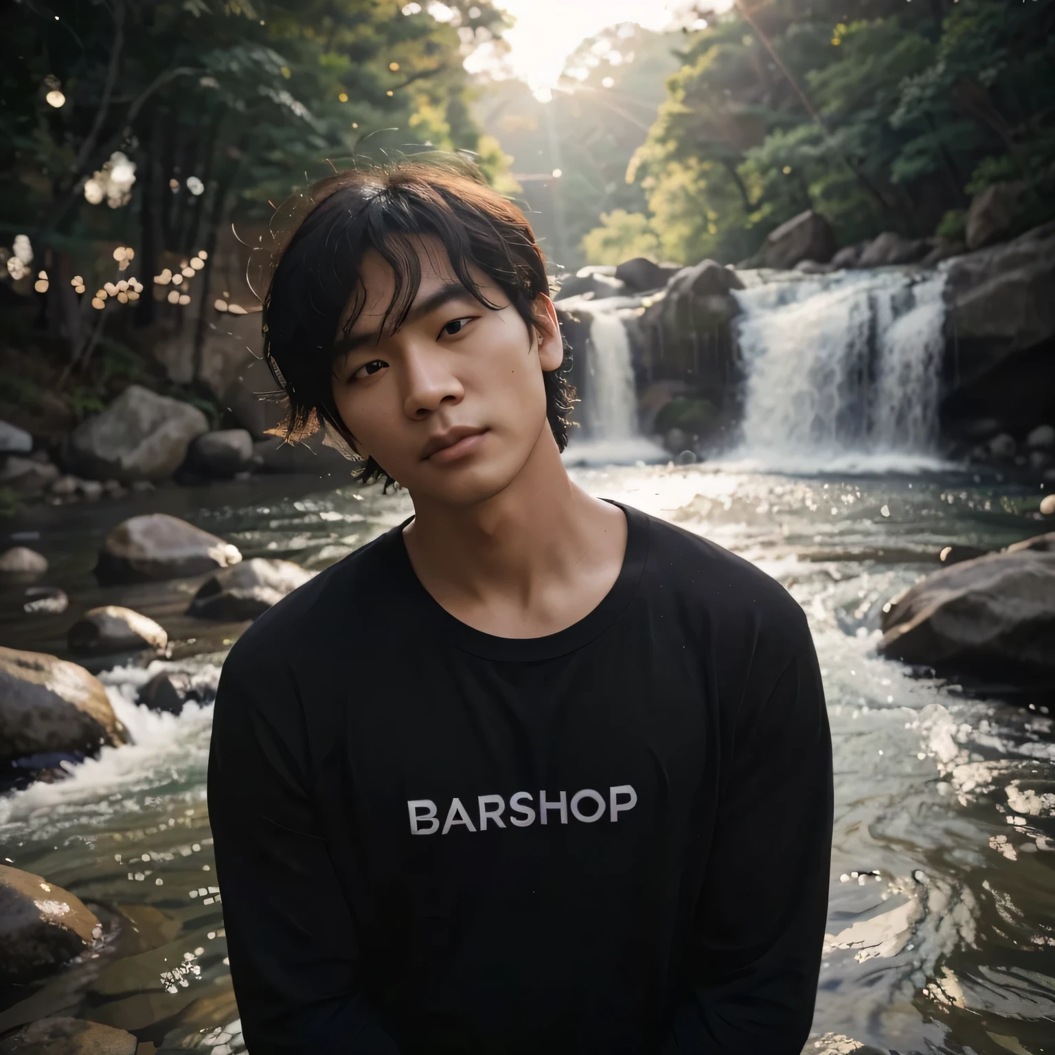 wide shot, long shot, Korean man with short curly hair wearing a plain black long-sleeved shirt label "BARSHOP", standing barefoot, daydreaming on rocks with a small river flowing clear, bokeh background with a natural waterfall, refracted sunlight behind him at dusk, cinematic images, professional photo shoots, faces looking at the camera