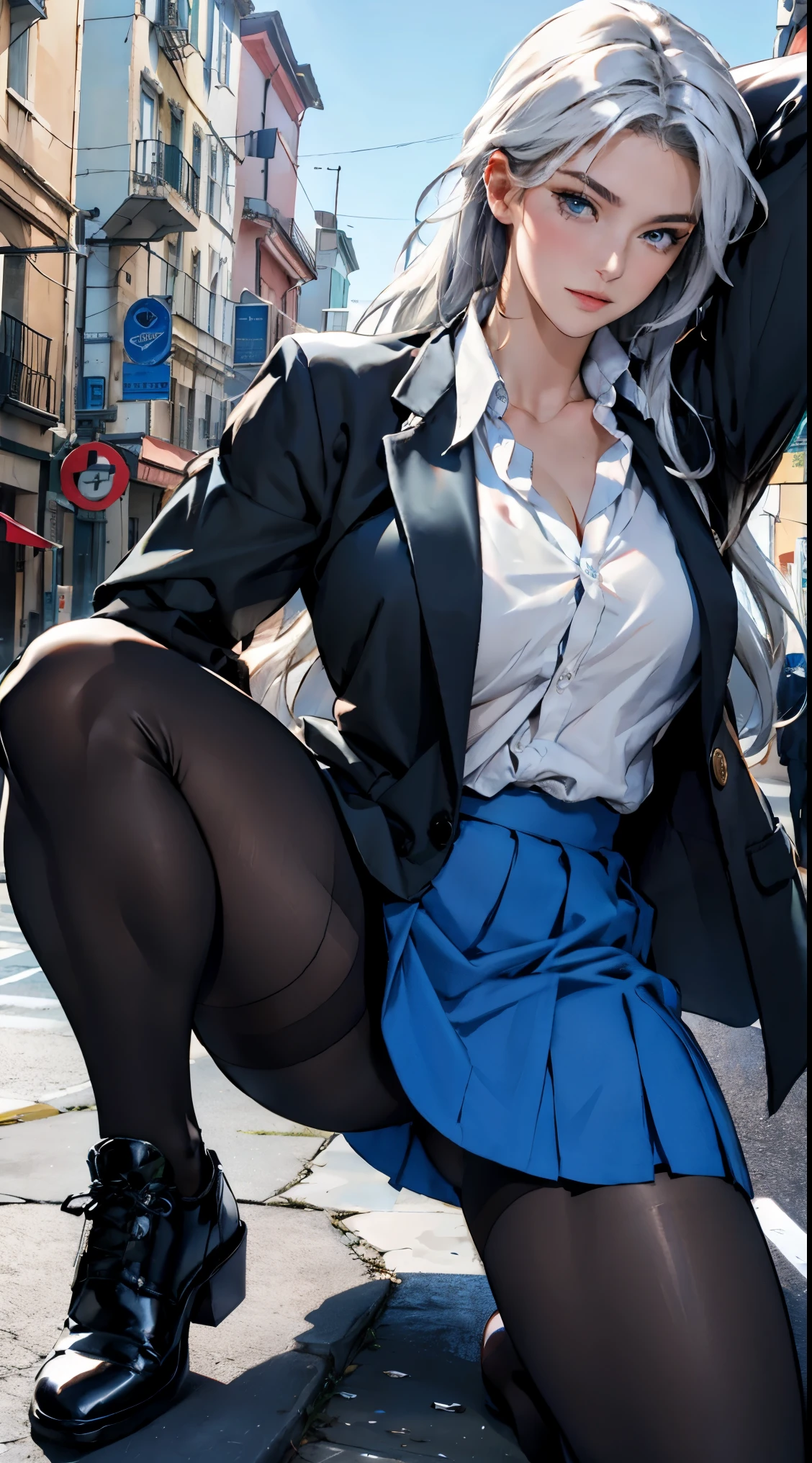 photorealistic, high resolution, 1women, shining skin, solo, perfect face, (long hair, blue eyes), closed mouth, muscular legs, pantyhose, skirt, unbuttoned shirt