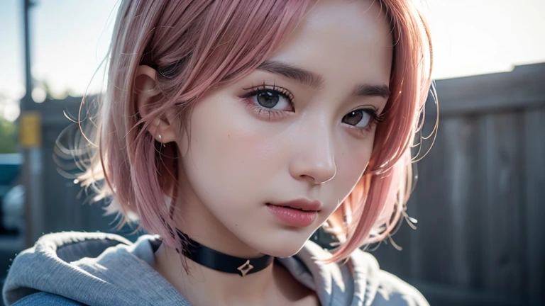 (bob cut hair, pink hair:1.2),(wearing a choker, wearing a hoodie:1.2),1 girl,Japanese,21 years old,(small breasts:1.3),(highest quality,masterpiece:1.3,超A high resolution,),(Super detailed,caustics),(Photoreal:1.4,RAW shooting,)ultra-realistic capture,very detailed,High resolution 16K human skin close-up。 natural skin texture、,The pores are、、、、Must be detailed enough to be easily identified。 Skin should look even-toned and healthy。 Use natural light and color, sad expression, look at the camera, perfect dynamic composition, outdoor