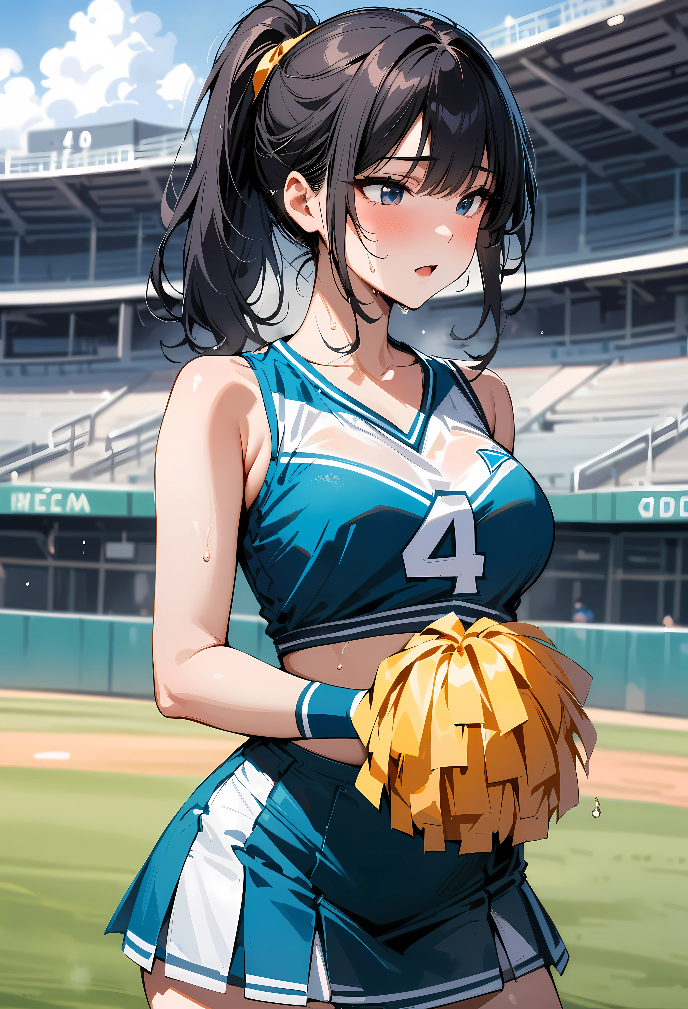 (masterpiece, best quality:1.2), 1 girl, alone , sexy , (a cheerleader uniform) , (cowboy shot) , black hair , (white sports bra) , ponytail, Sweat, baseball park