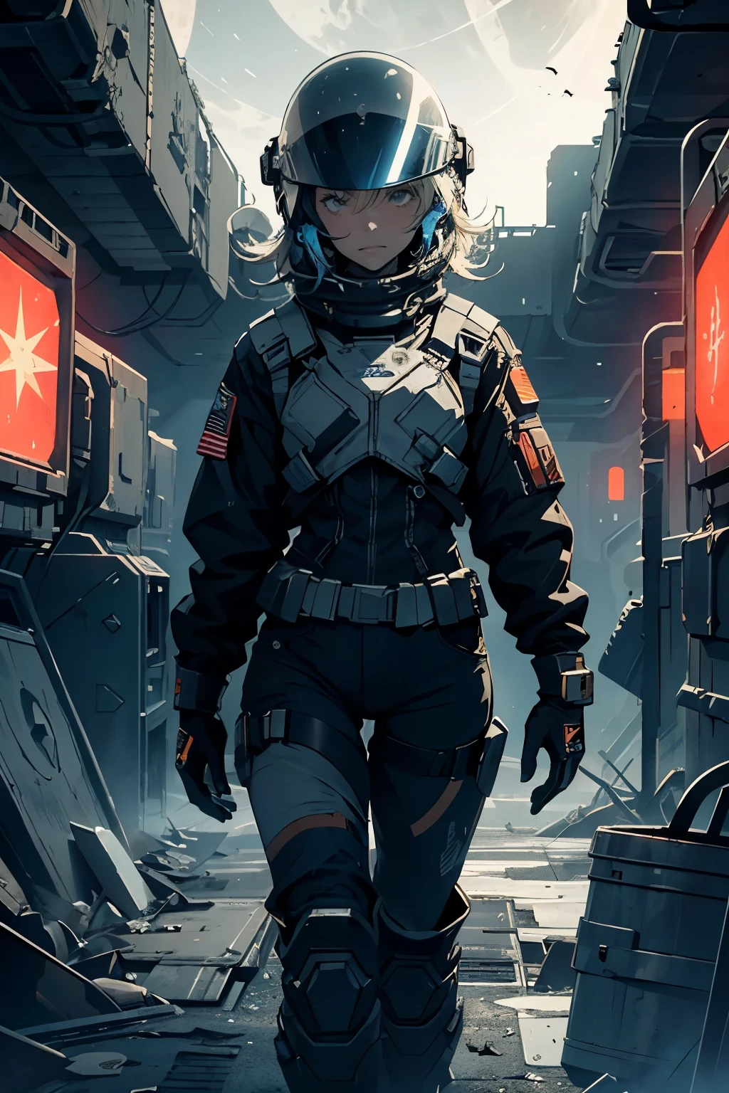 In the vast expanse of space, a desolate space station orbited a distant, unfamiliar planet. The station, battered by the relentless cosmic winds, was a testament to the tenacity of human perseverance. Inside, the dimly lit corridors were filled with flickering screens and worn-out equipment, their once gleaming surfaces now marred by the passage of time.

Amidst this forsaken setting, a lone figure paced nervously, her determined expression shining through the helmet of her patched-up space suit. Quirky stickers adorned the worn material, adding a touch of personality to the otherwise utilitarian design. Her eyes, sparkling