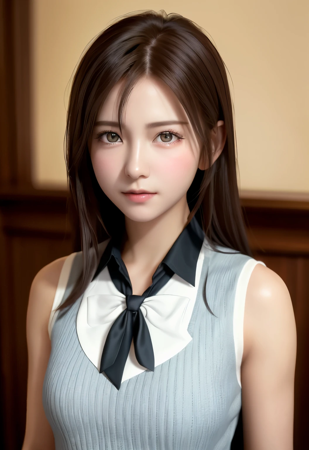 8K, top quality, table top:1.2), (realistic, Photoreal:1.37), top quality, table top, beautiful young woman, pensive expression,、attractive、and an inviting look, cute maid clothes, tie hair back, movie background, bright skin tone