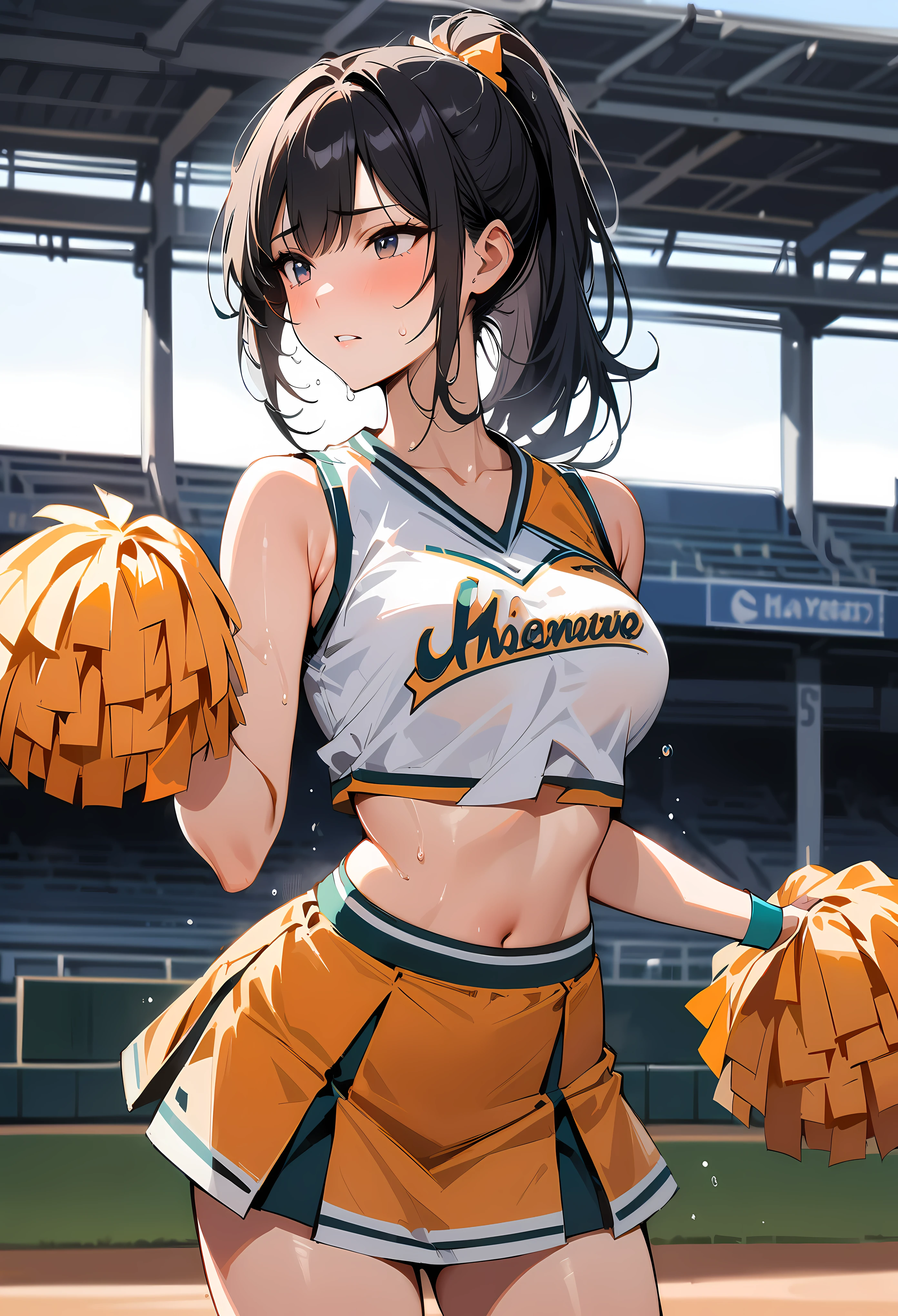 (masterpiece, best quality:1.2), 1 girl, alone , sexy ,  (a cheerleader uniform) , (cowboy shot) , black hair ,  (white sports bra) , ponytail, Sweat, baseball park