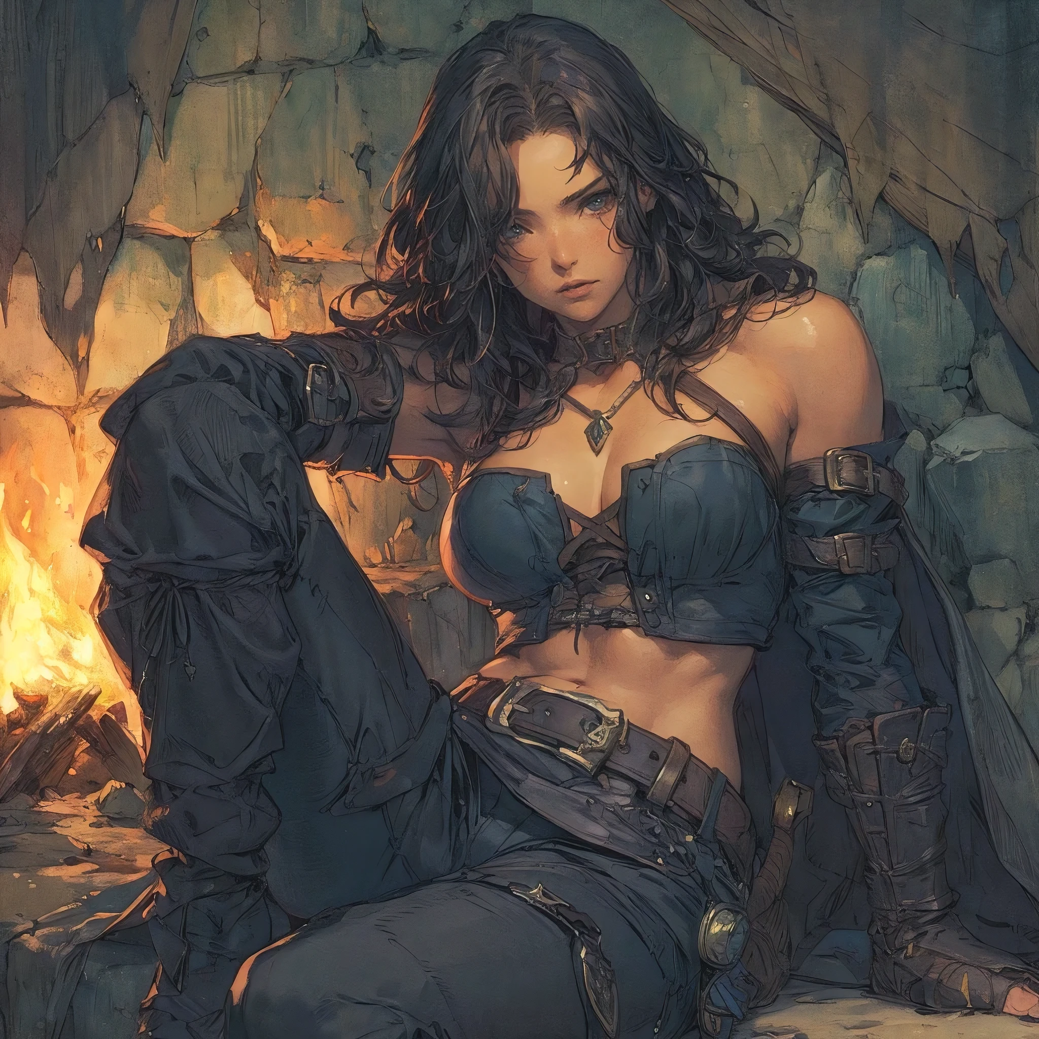 (best quality, masterpiece:1.2), illustration by gerald brom and ayami kojima, a female rogue, perfect body, hyperfeminine curves, resting near a cavern lake, encampment, campfire, dungeons and dragons, detailed background