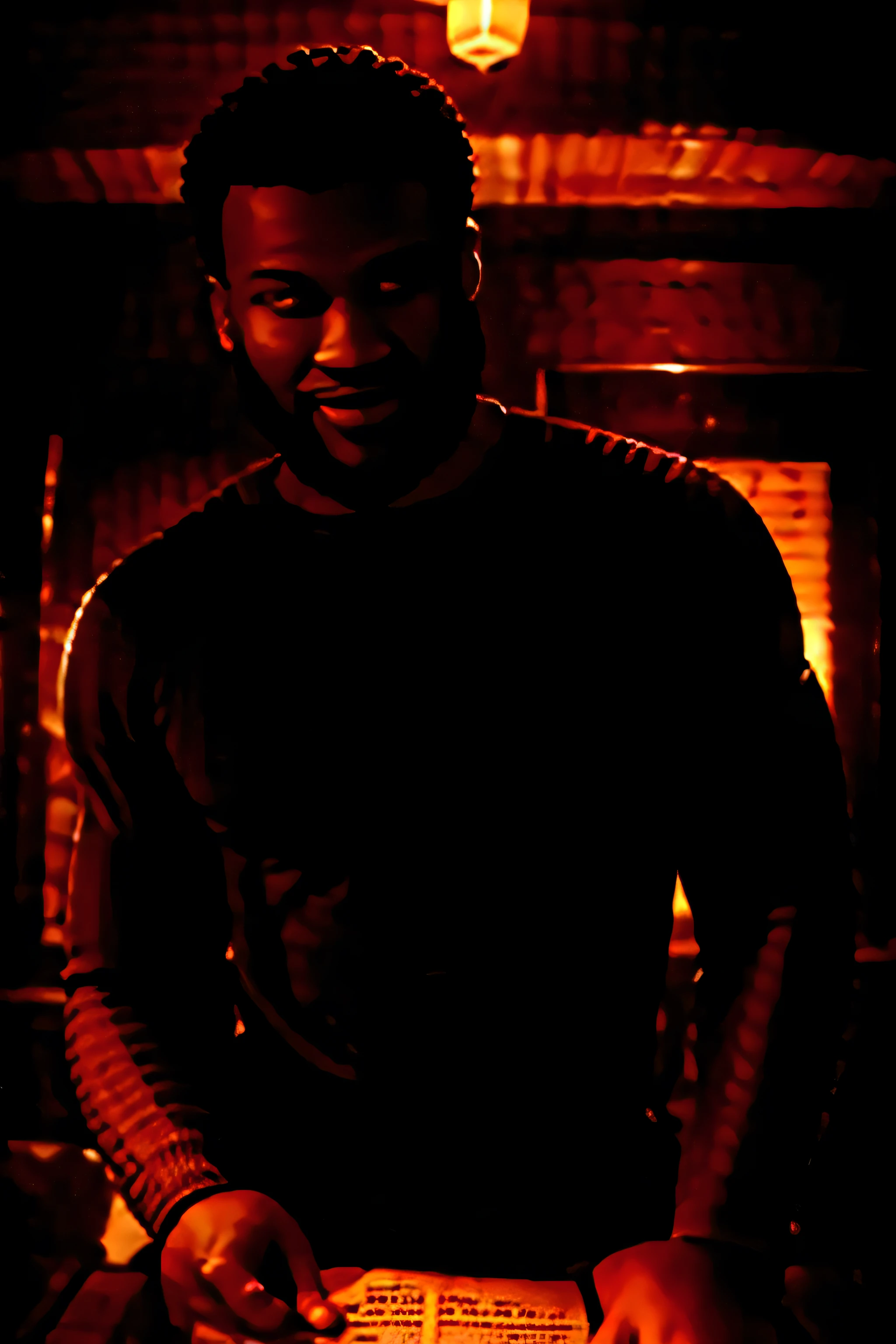 In a cozy, wood paneled library, a 31 year old south African black man with an approachable smile is engaged in a book. His handsome features are complemented by his neatly groomed beard and the casual elegance of his sweater. The ware lighting accentuates his brown skin as he turns a page, immersed in the story -ar 16:9