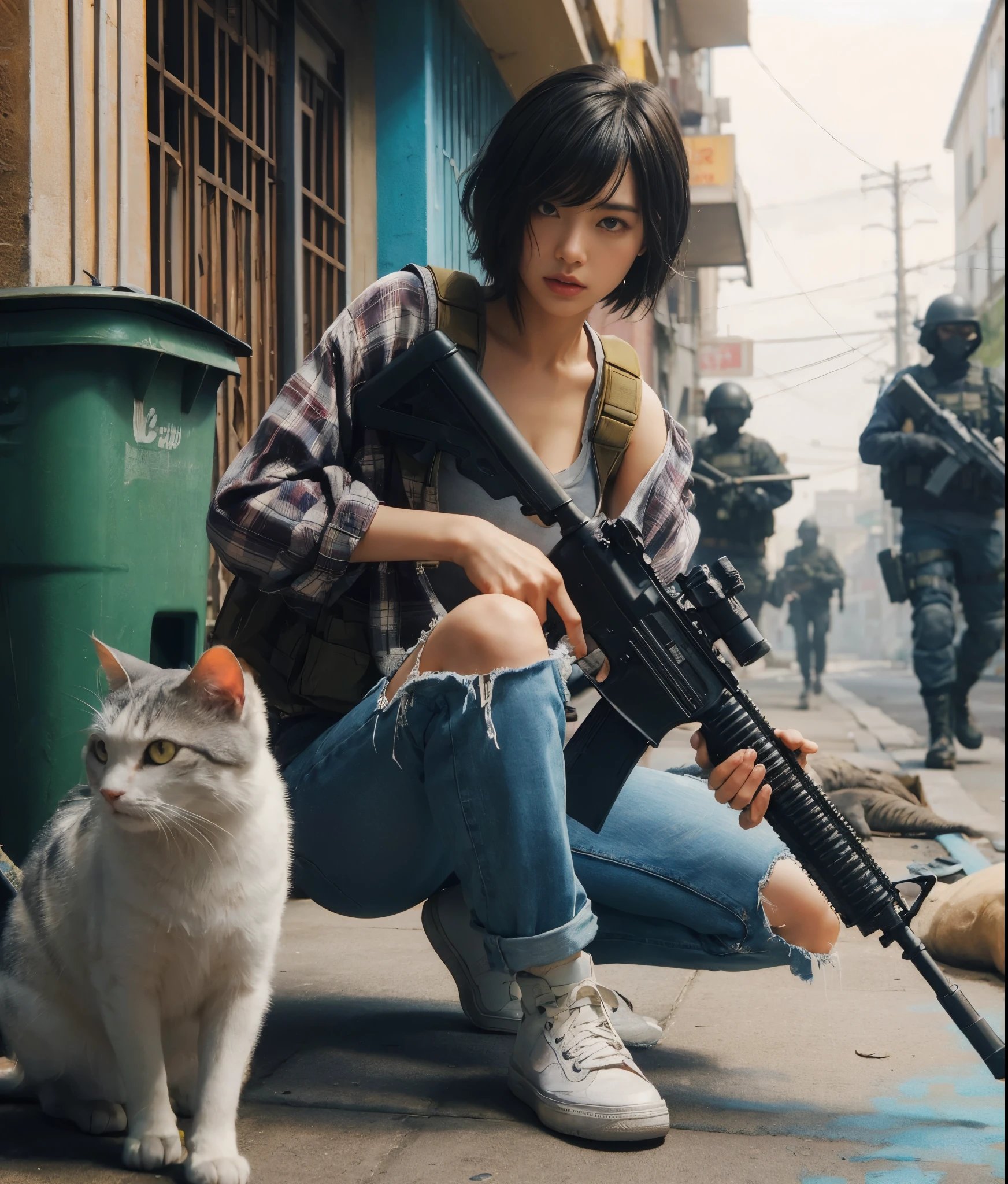 8K,realistic photo、realistic skin texture、Beautiful Japanese women living in America、back alley in the city、garbage scattered on the street、Garbage can、stray cat、dirty shirt and jeans、nike air force 1 sneakers、bulletproof vest、automatic rifle、short cut hair、urban warfare、involved in an incident、Counterattack begins、It is dirty、moving action pose、、Dramatic and bold composition、Half body、muscle、Zoom out、fiction、Bird's-eye view
