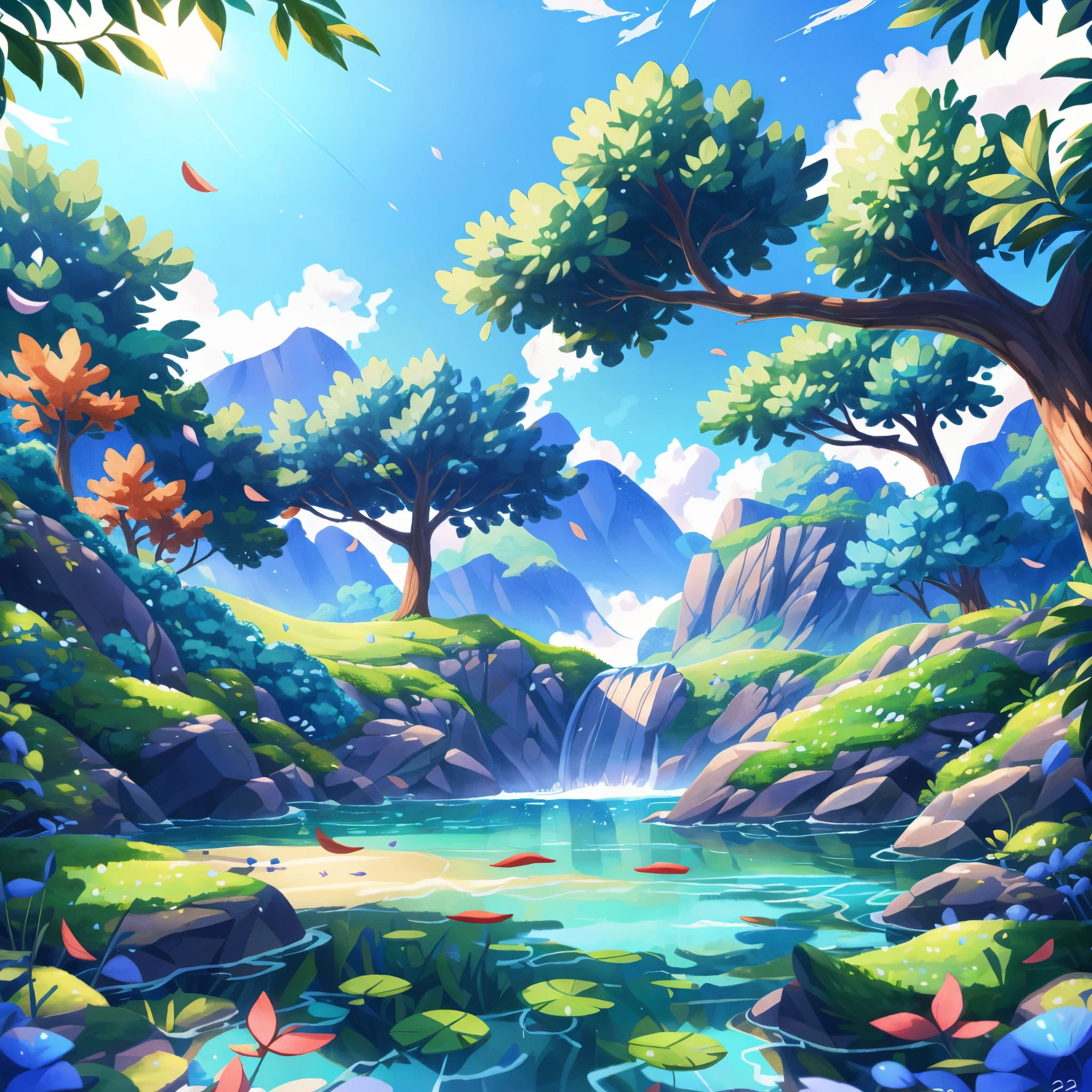 masterpiece, best quality, (Very detailed CG unified 8k wallpaper) (best quality), (Best Illustration), (best shade) nature', blue sea,Delicate leaf petals of various colors falling in the sky ray traced, super detailed --auto --s2