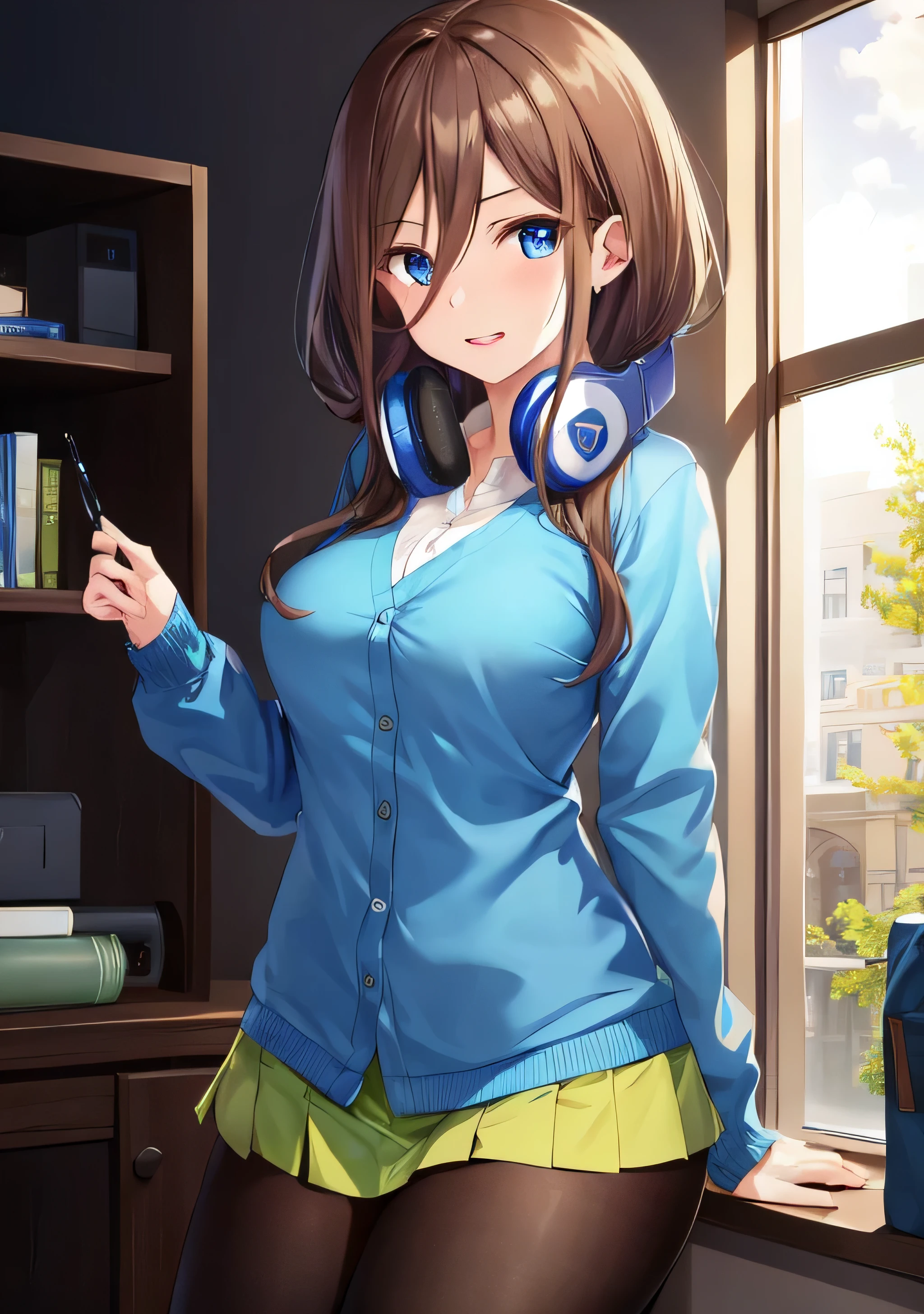 disorganized, highest quality, 1 girl, alone, focus of the eye, looking at the viewer, Miku, blue cardigan, brown hair