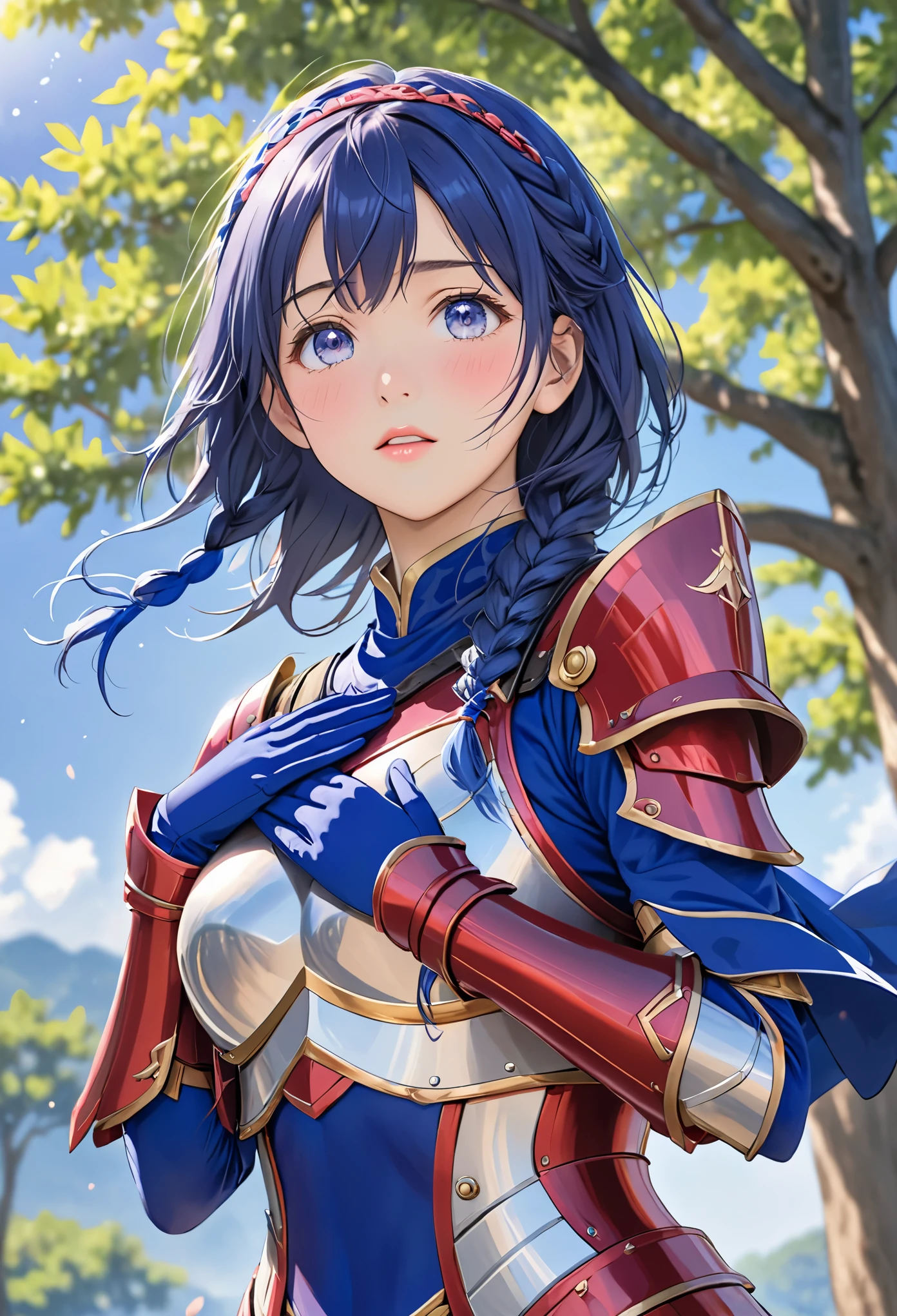 lapis lazuli, 1 girl, alone, looking at the audience, blush, Bangs, Gloves, Upper body, braid, Headband, outdoor, open lips, sky空, sky, Raise your hand, pink eyes, armor, Tree, cover navel, blurred background, Put your hands on your chest, shoulder armor, side braid, Breastplate, red armor