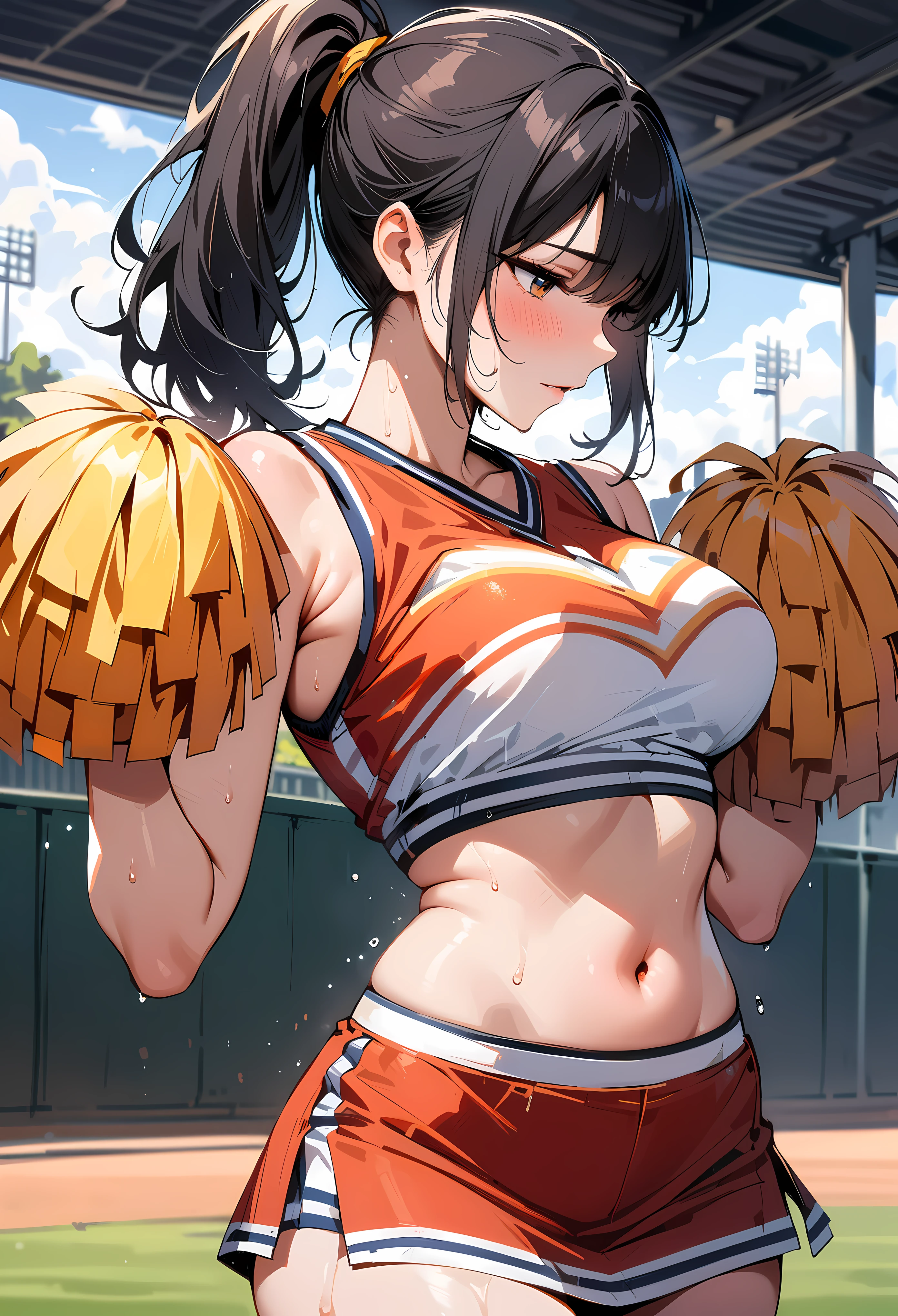 (masterpiece, best quality:1.2), 1 girl, alone , sexy , (a cheerleader uniform) , (cowboy shot) , black hair , (white sports bra) , ponytail, Sweat, baseball park