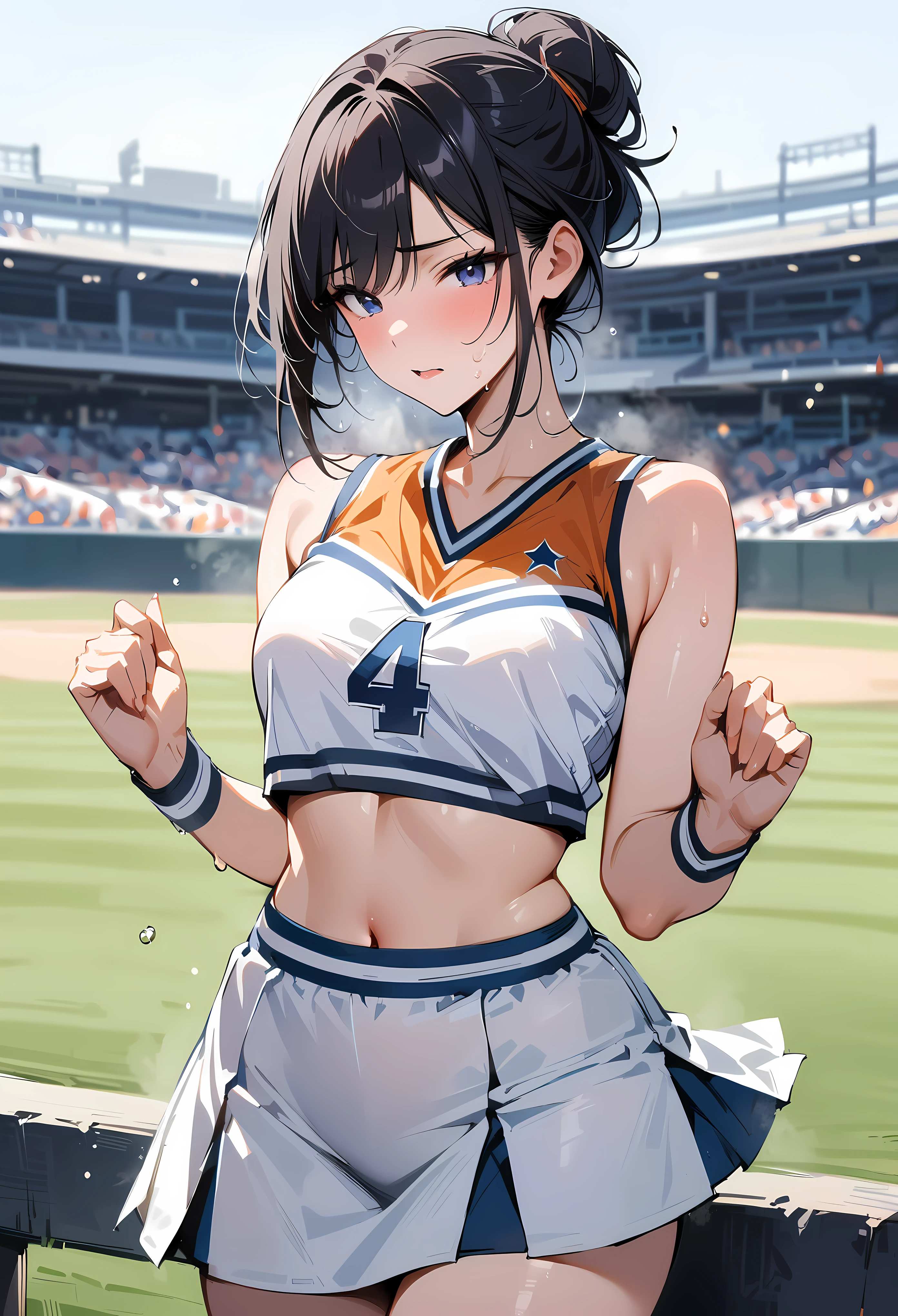 (masterpiece, best quality:1.2), 1 girl, alone , sexy , (a cheerleader uniform) , (cowboy shot) , black hair , (white sports bra) , (hair bun) , Sweat, baseball park