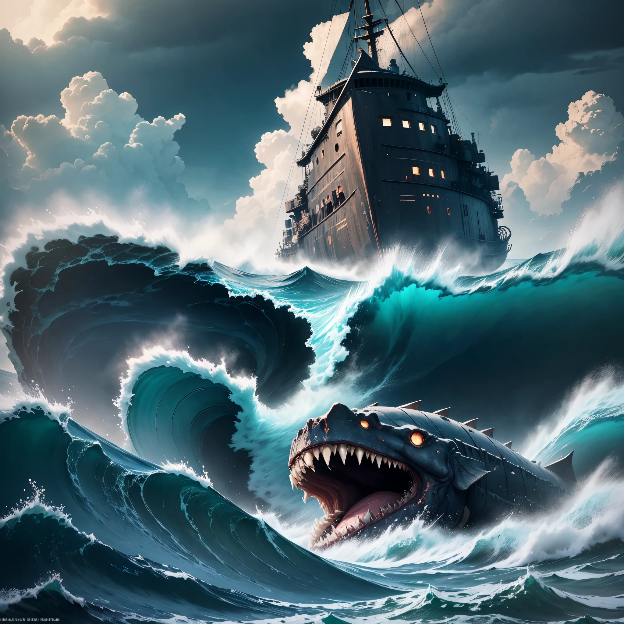 (giant leviathan of the deep sea, apocalyptic world, Deep and dark sea, boat, Fighting Men, Destruction everywhere),(highest quality, 4k, High resolution, Super detailed, realist:1.37), dramatic lighting, eerie shadow, unforgettable atmosphere, stormy sea, decayed ruins, scary sea creatures, epic battle scene, Survivors clinging to the rubble, desperate fight for survival, strong waves crashing against the ship, Floating debris on the sea surface, post-apocalyptic sky, swirling underwater, chaos and despair, Beautiful aesthetics that remain in your heart, cinematic composition, Intense and chaotic energy, Bright colors that contrast with the dark environment, Storm clouds and lightning illuminate the scene, The mysterious aura that surrounds Leviathan, olas masivas rompiendo contra los boat de guerra, the size of the sea、Expansiveness, The eerie silence is interrupted only by the sounds of battle.., feelings of fear, decide, and the courage shown on the faces of combatants.., Epic scale and epic scenes, dynamic, Action-packed storytelling, Despair and inevitable fate, A world on the brink of destruction.