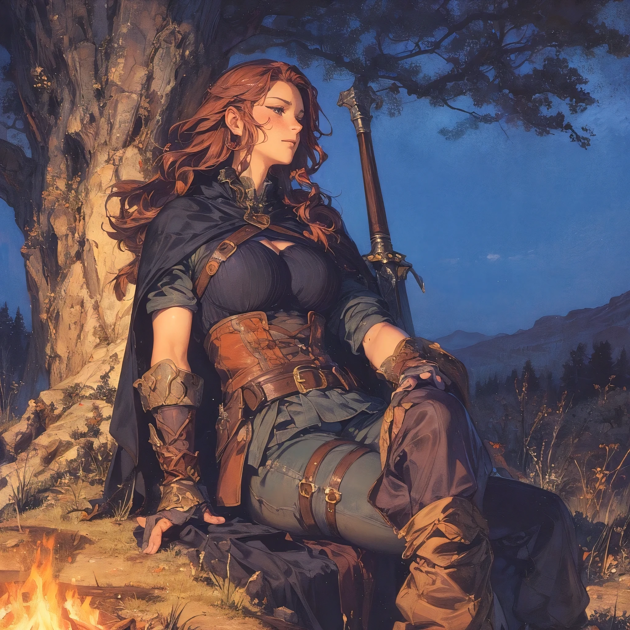 (best quality, masterpiece:1.2), illustration by gerald brom and ayami kojima, a female rogue, perfect body, (huge breasts, cleavage:1.2), hyperfeminine curves, resting near a cavern lake, encampment, campfire, dungeons and dragons, detailed background