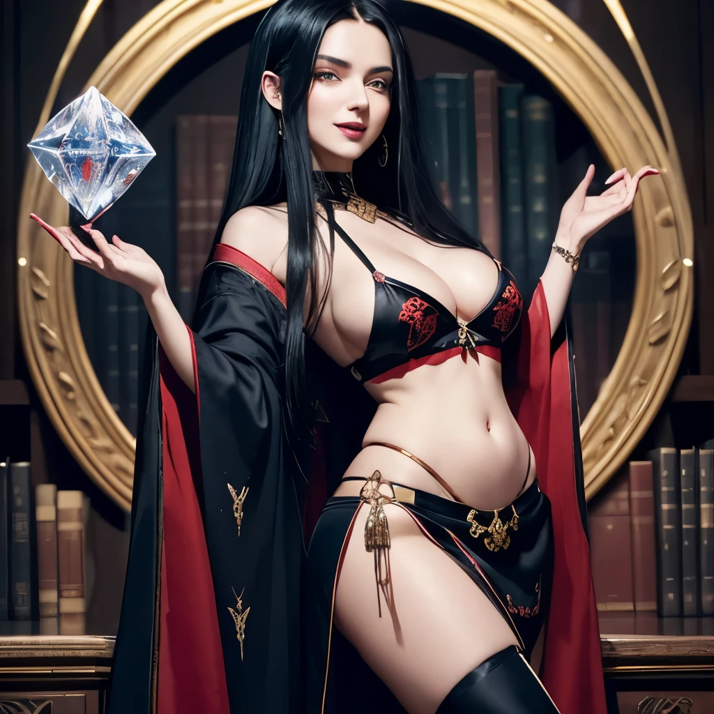 Magician with long (to the hip) black hair (red strand of hair), wears a blue robe with golden decorations, robe open, tight black top with pentagram embroidery, belly free, mini skirt (black), white overknee boots, stick she leans on, right hand in which an ice crystal sits, evil laugh, library, big breasts, strong butt, narrow face, black iris,