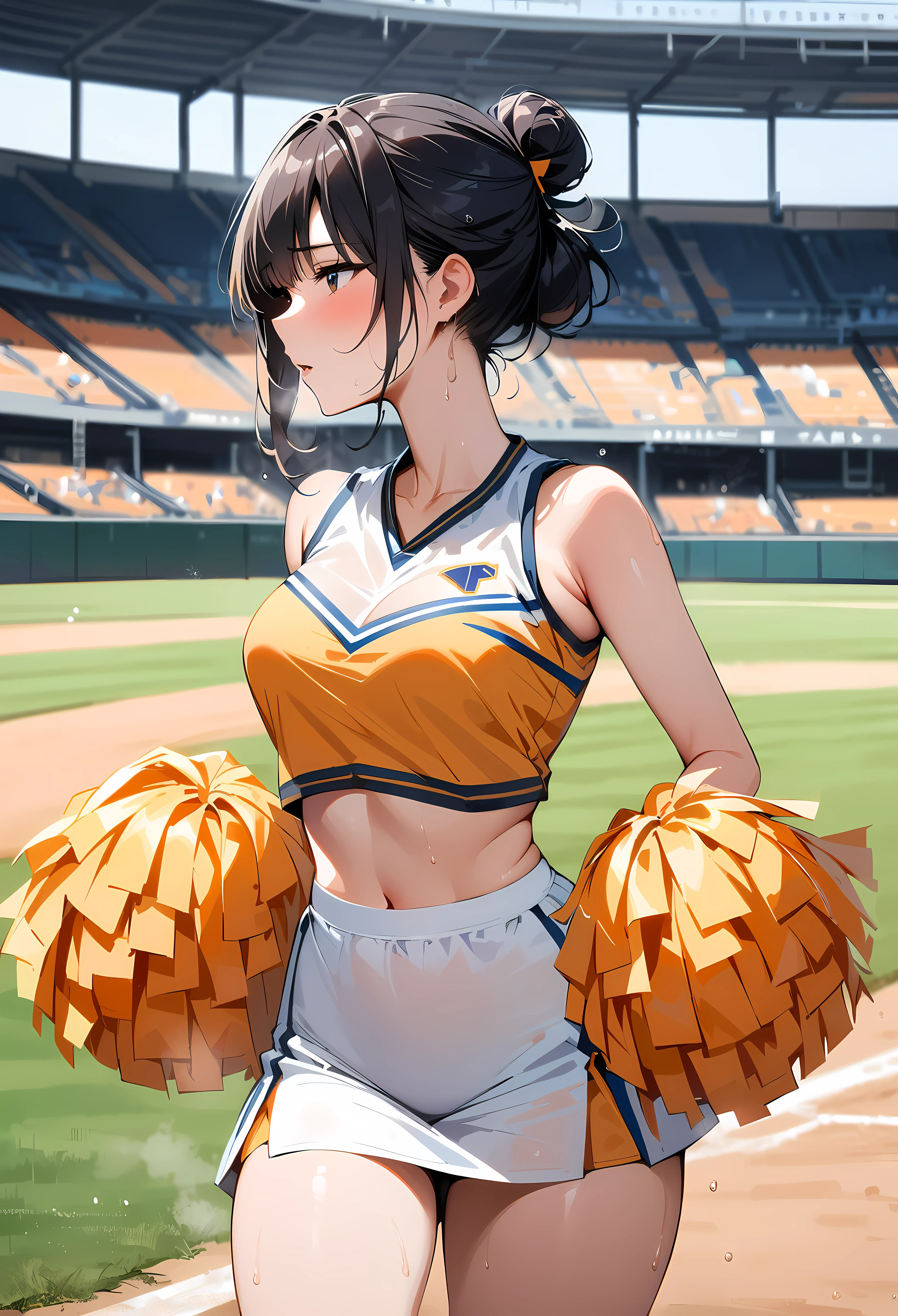(masterpiece, best quality:1.2), 1 girl, alone , sexy , (a cheerleader uniform) , (cowboy shot) , black hair , (white sports bra) , (hair bun) , Sweat, baseball park