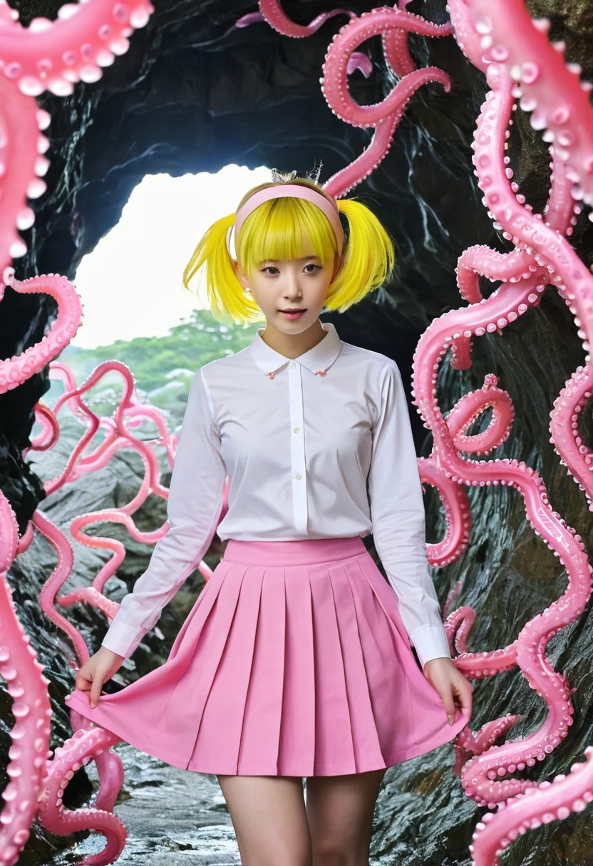 a girl, yellow hairband, , serafuku, long sleeves, pleated skirt, Cave covered with pink biological cells, Tentacles entangled
