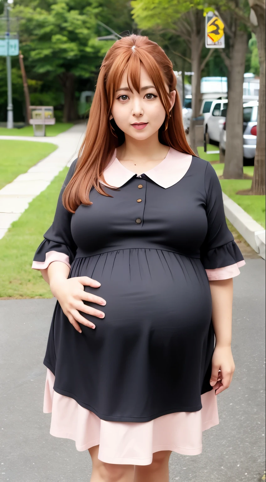 Busty, thick, best quality, (masterpiece:1.2), highly detailed, street,
1girl, kotegawa nanaka, ((huge pregnant))
looking at viewer, slight smile, open mouth,
brown eyes, brown hair, long hair, black shirt, elbow sleeves, pink skirt, miniskirt