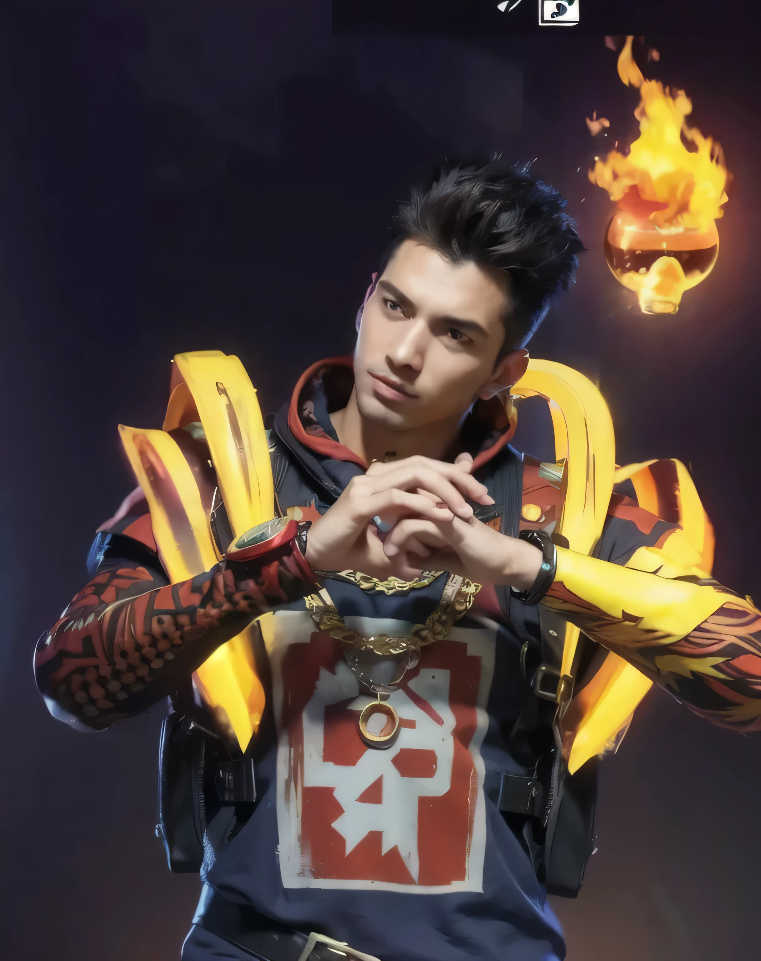 handsome guy holding a fireball in a dark room, realistic 