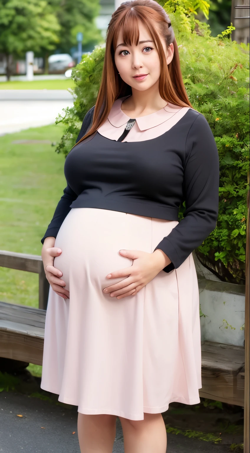 Busty, thick, best quality, (masterpiece:1.2), highly detailed, street,
1girl,  kotegawa nanaka, ((huge pregnant))
looking at viewer, slight smile, open mouth,
brown eyes, brown hair, long hair, black shirt, elbow sleeves, pink skirt, miniskirt