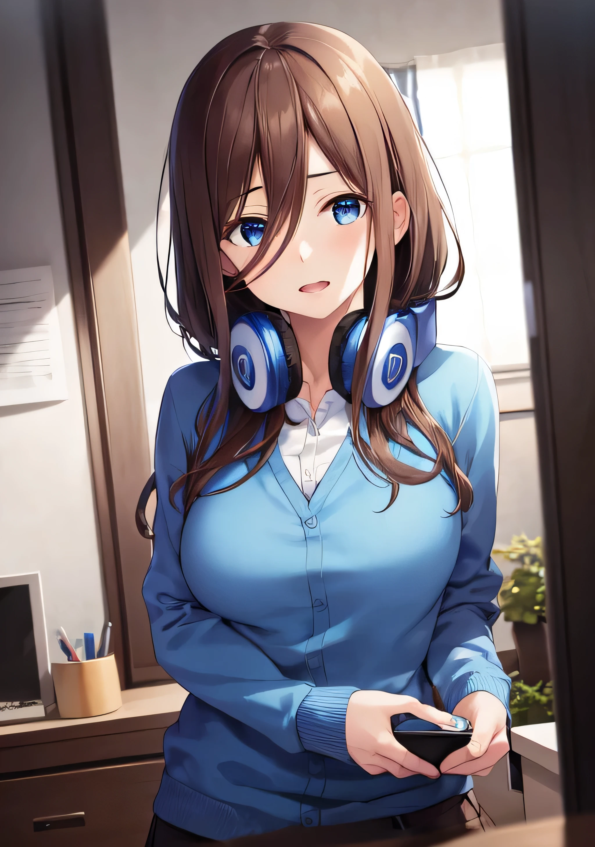 disorganized, highest quality, 1 girl, alone, focus of the eye, looking at the viewer, Miku, blue cardigan, brown hair