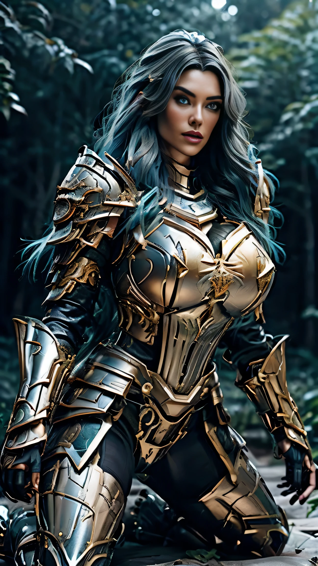 (8K, Raw photography, top-quality, ​masterpiece:1.2), close up,One Woman、age of 30, close up.{scinematic angle、Wide Angle、Don't split the screen、}（Realistic Skins 1.4）、（valkyrie、Valkyria）、（the Witcher armor（（Western knights、Plate armor covering the whole body、Metal armour ）））、（（（forest background, golden hour, Asgard））、50mm Lens、30mm film、wide angles（long wavy blue hair）、Blue eyes、shinny skin、beautiful detailed hair、Beautiful delicate face、Beautiful delicate eyes、｛large chest、、muscular body, curvy big 、｝、long wavy blue hair , long socks, black socks, black skinny trousers, skinny leggins, big hips, muscular girl, big hips, chest covered with armor, fighting pose, fight,duel pose,  buried forest background, war scene, flames, the Witcher, buried ancient city n the background
