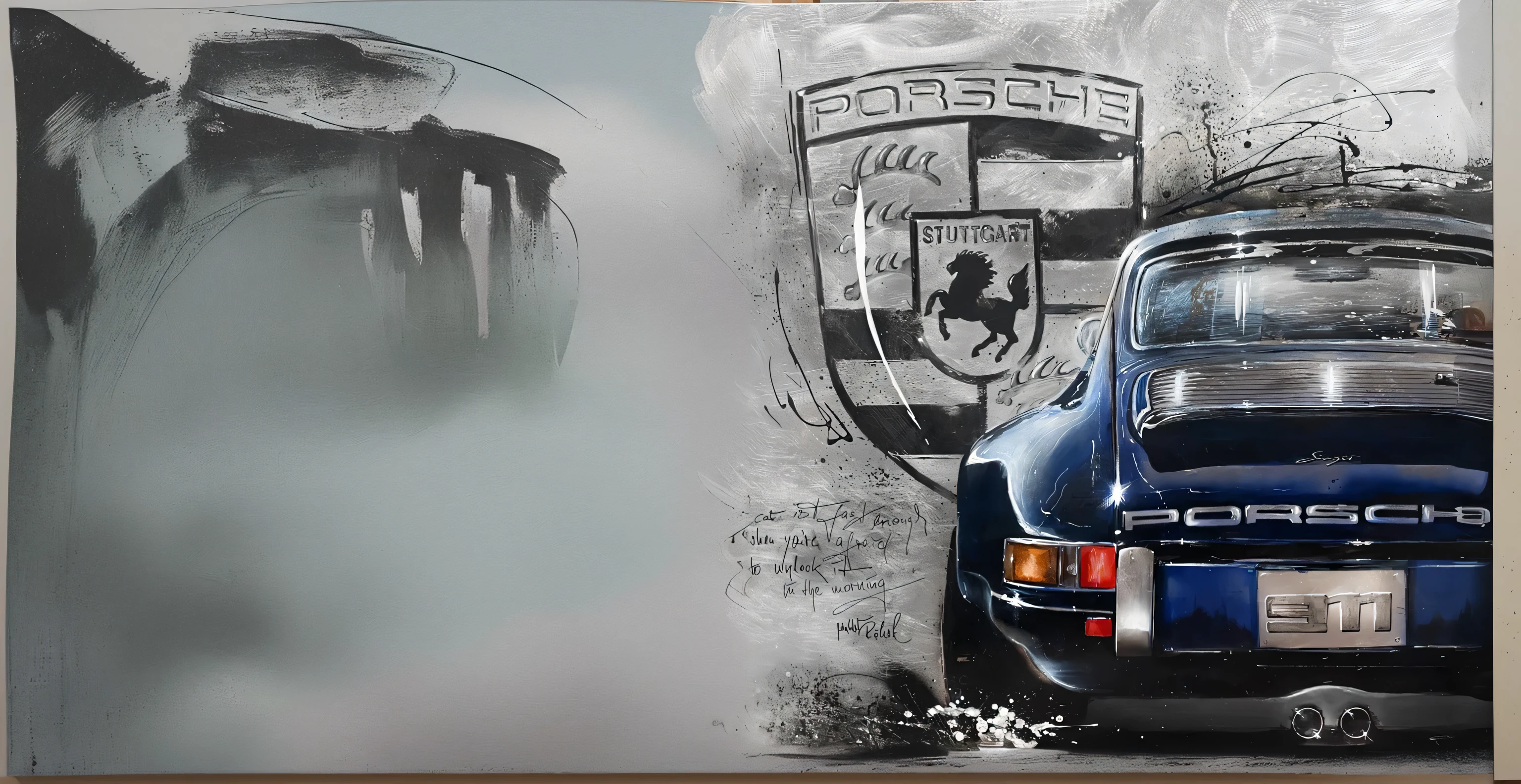 (highly detailed, best Quality), a vintage (Porsche 911) from behind, painting, dyniamic artistic style, post card, creative, arward winning,