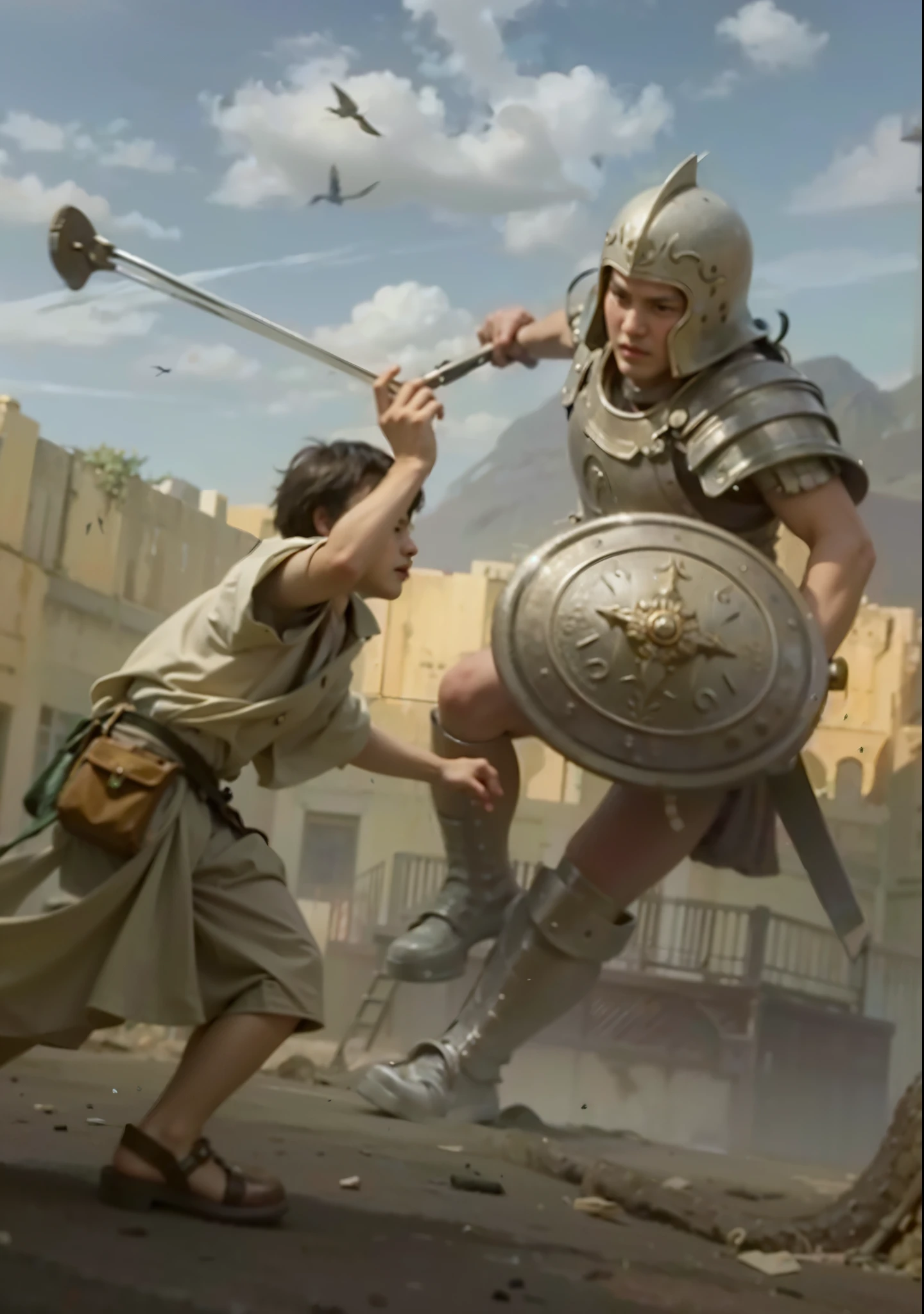 Boy in white clothing, a bag full of stones tied to his waist, swings a slingshot facing a giant man with armor, sword, helmet and shield