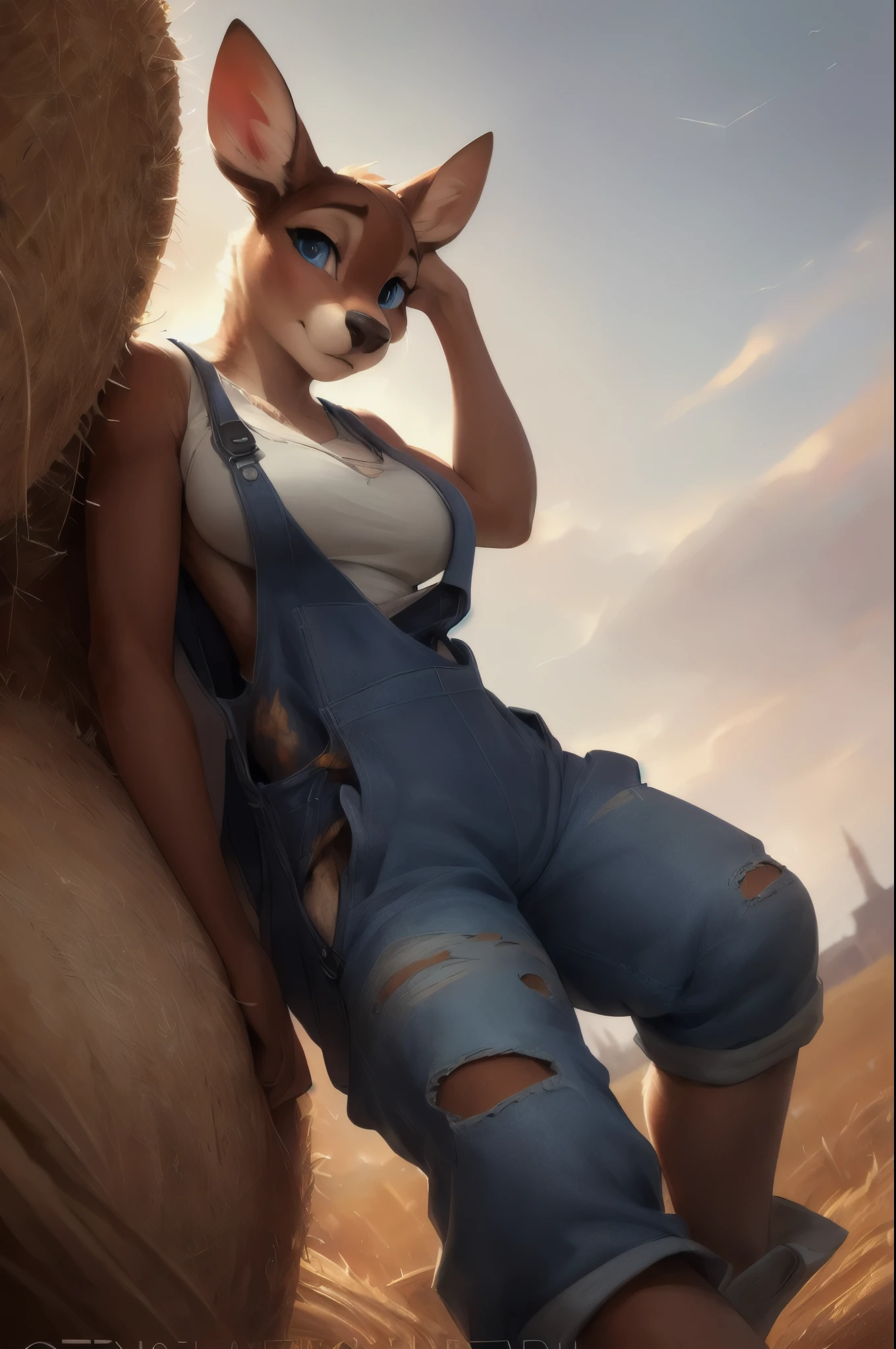 uploaded on e621, by Pixelsketcher, by Bayard Wu, by Thomas Benjamin Kennington , by Einshelm, solo beautiful anthro female deer doe with ((nice breasts)) and (fluffy tail) and ((beautiful and clear navy blue eyes)), ((wear dirty torn work overalls)), sweaty, nervous, embarrassed, (detailed Bonifasko lighting), ((detailed fur)), ((facing viewer and leaning against a round hay bale in a field of crops with hand between legs)), (cinematic lighting), ((detailed background)), ((low-angle view)), (three-quarter view), (half body shadow), [backlighting], [crepuscular ray], [detailed ambient light], [gray natural lighting], [ambient light on the belly], (higher wildlife feral detail), [explict content], [sharp focus], (questionable content), (shaded), ((masterpiece)), BREAK