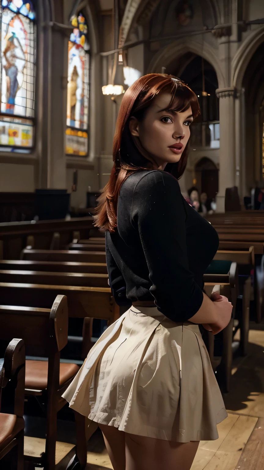 40 years old, woman, RAW photo, a redhead Bettie Page woman in a crowded church, seethru skirt, best quality, cinematic, best quality, 8k uhd, dslr, soft lighting, high quality, film grain, Fujifilm XT3 professional photograph,best quality, detailed