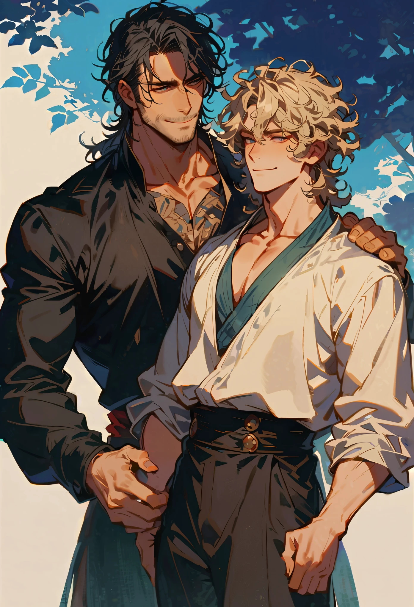 2person, a boy carrying another boy,The boy below is mature and handsome, the boys below are curly hair, smil, hero and handsome,The boy's clothing below has a wide and deep V-neckline,More mature appearance below