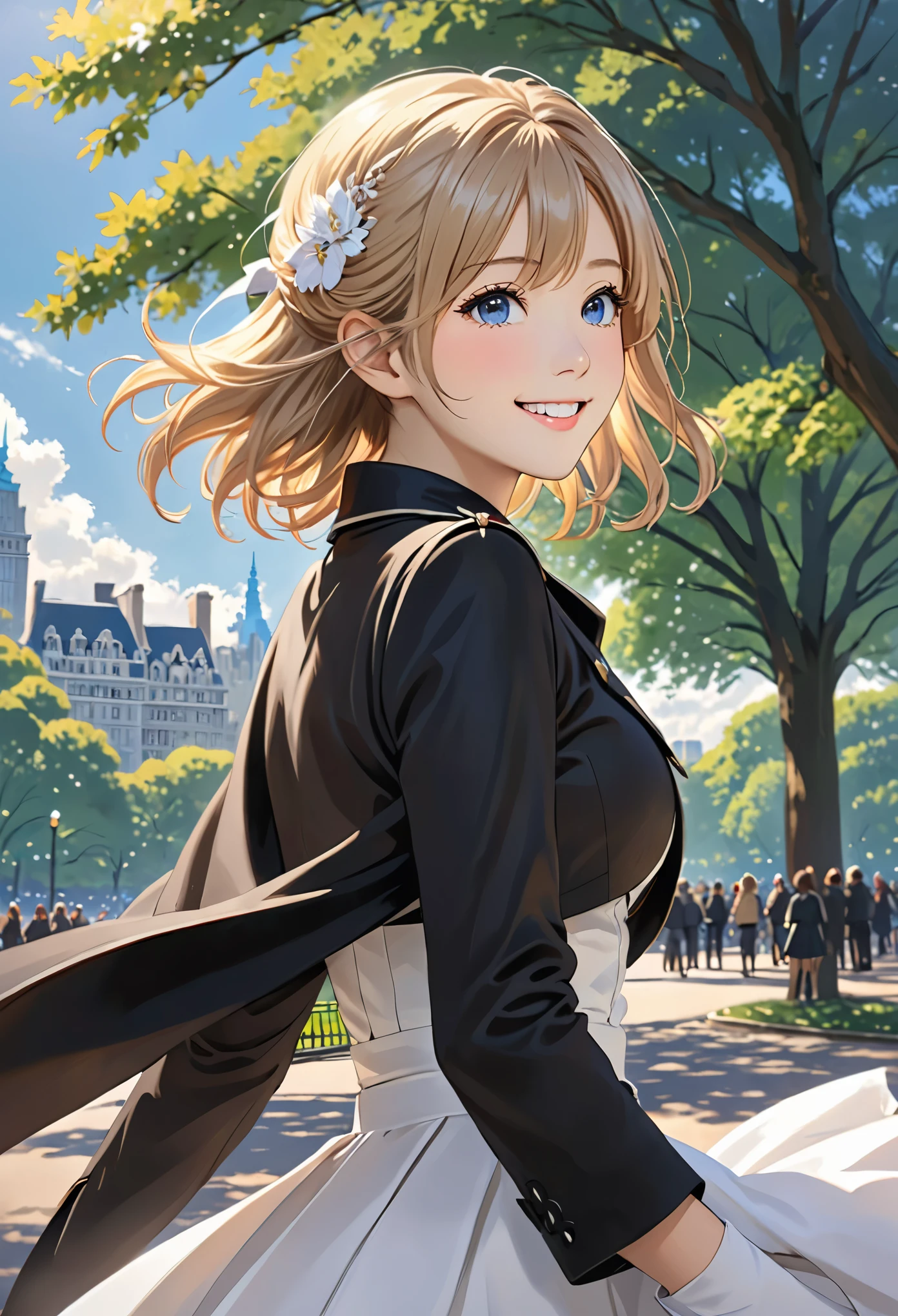 ((masterpiece,best quality)),1 girl,alone, (((Chisato Nishiki))), short hair, light hair, alone, skirt, Detailed eyes, looking at the audience, long sleeve, permanent, white skirt, Gloves,hair accessories, black jacket, Smile, flowing hair, Dutch Cape, Keep your mouth shut, look away, (Central Park),cloudy sky, blue sky, warm color,