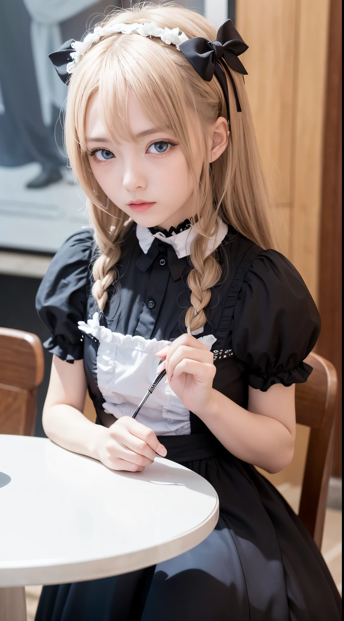 (Tabletop, Highest quality:1.2), 8K, 85mm, Official Art, RAW Photos, Absurd, Platinum Blonde Hair, (blue eyes, Lolita Fashion, Sweet Lolita, Gothic, dress:1.2), Idol's face, Upper Body, beautiful girl, Gardeniass, Copenhagen, Short sleeve, grace, Sophisticated, Gardenia, View your viewers, Film Grain, chromatic aberration, Sharp focus, Face Light, Dynamic Lighting, Cinema Lighting, Detailed face, Bokeh Background