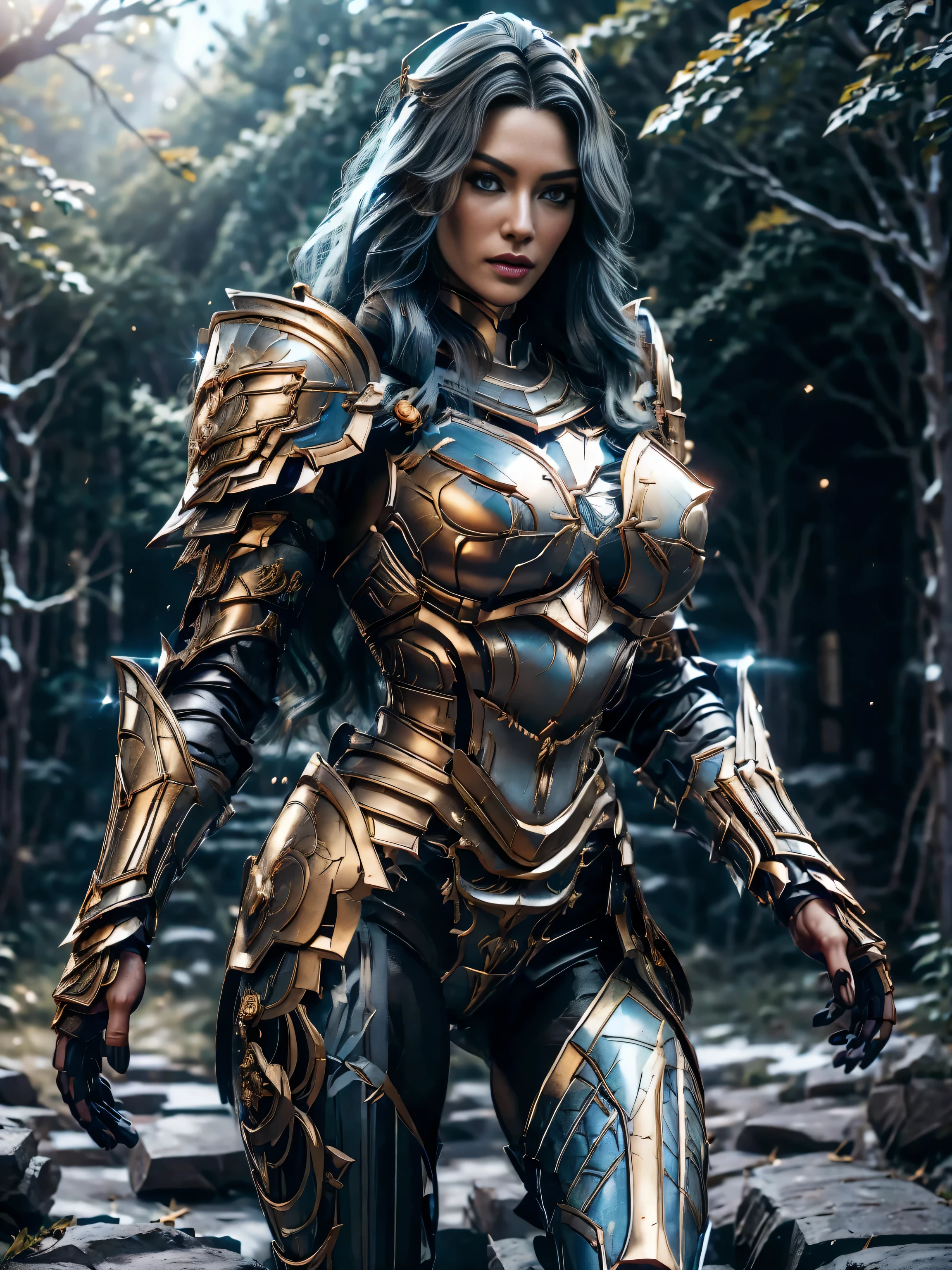 (8K, Raw photography, top-quality, masterpiece:1.2), close up,One Woman、age of 30, close up.{scinematic angle、Wide Angle、Don't split the screen、}(Realistic Skins 1.4)、(valkyrie、Valkyria)、(the Witcher armor((Western knights、Plate armor covering the whole body、Metal armour )))、(((forest background, golden hour, Asgard))、50mm Lens、30mm film、wide angles(long wavy blue hair)、Blue eyes、shinny skin、beautiful detailed hair、Beautiful delicate face、Beautiful delicate eyes、{large chest、、muscular body, curvy big 、}、long wavy blue hair , long socks, black socks, black skinny trousers, skinny leggins, big hips, muscular girl, big hips, chest covered with armor, fighting pose, fight,duel pose, buried forest background, war scene, flames, the Witcher, buried ancient city n the background