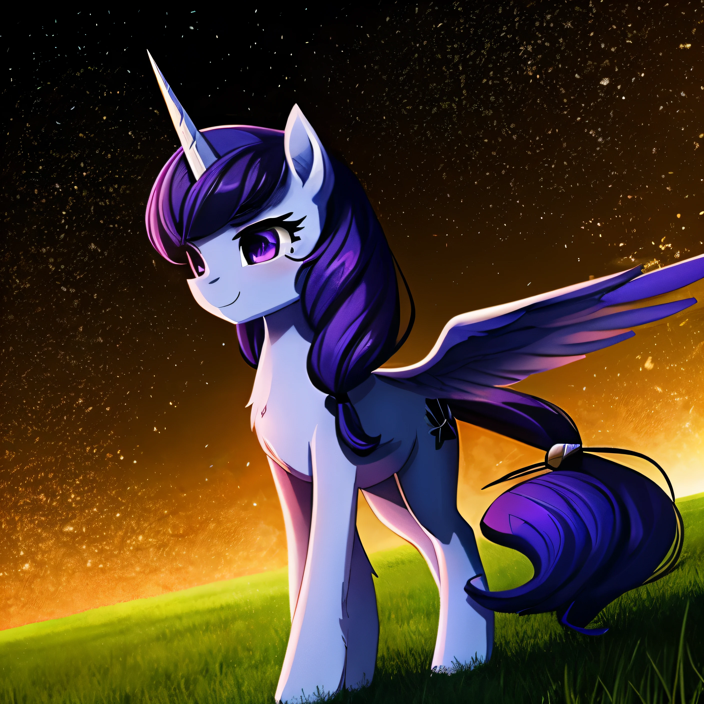 score_of,Fraction_9,clear of,masterpiece。Delicate texture。matte,(Artistic composition)(avatar))A cute little pony,horned,have wings,Wildness,my little pony,Gray purple fur,Feminine characteristics, ((long hair, black purple mane)), ((black purple eyes)),Smile,calm,big wavy long hair,no cutie mark.night background,Not high saturation。(The picture only has cold colors)Mane blowing in the wind