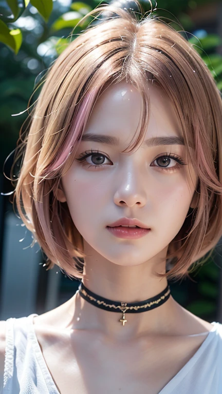 (bob cut hair, pink hair:1.2),(wearing a choker, wearing a blouse:1.2),1 girl,Japanese,21 years old,(small breasts:1.3),(highest quality,masterpiece:1.3,超A high resolution,),(Super detailed,caustics),(Photoreal:1.4,RAW shooting,)ultra-realistic capture,very detailed,High resolution 16K human skin close-up。 natural skin texture、,The pores are、、、、Must be detailed enough to be easily identified。 Skin should look even-toned and healthy。 Use natural light and color, sad expression, look at the camera, perfect dynamic composition, outdoor