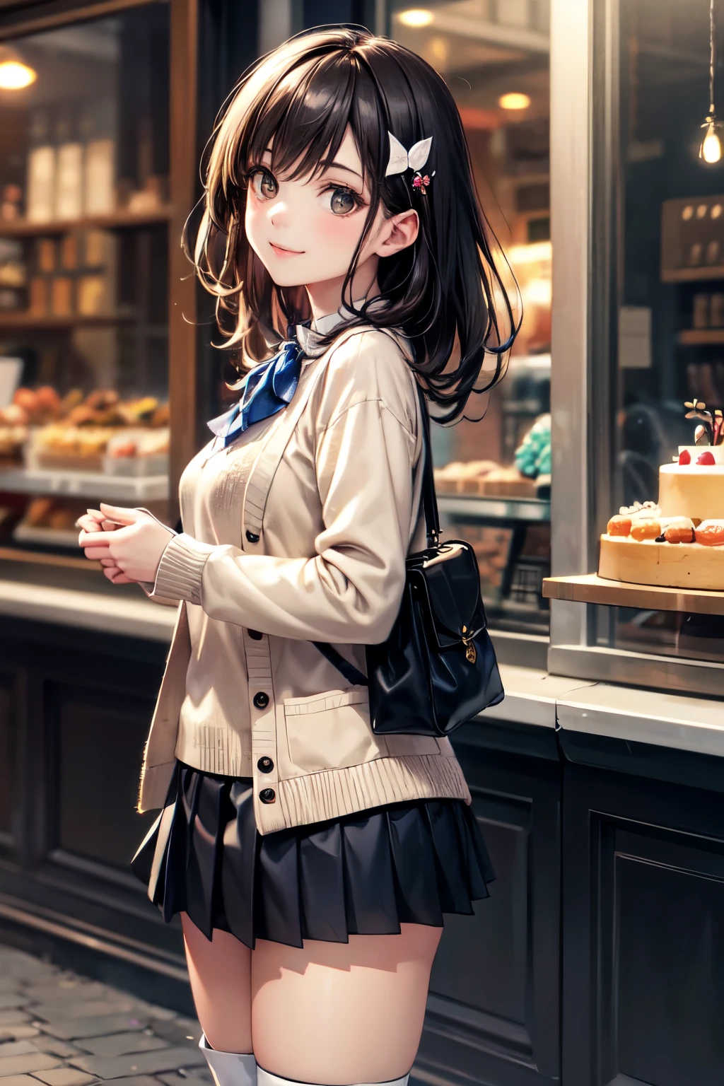 very cute and beautiful girl,(highly detailed beautiful face),(white blouse),
(smile),cowboy shot,looking at viewer,
(beige cardigan:1.12) BREAK zettai ryouiki,brown shoulder bag,(brown boots),
stylish pose,hair ornament,black hair,(pleated black mini skirt:1.2),
standing in front of cake shop show window,downtown street,crowd,people,
(best quality,masterpiece:1.0),absurdres,highres,ultra-detailed,extremely detailed,32k,8k resolution,
intricate details,cinematic scene,detailed background,solo,dynamic angle,
natural lighting,hair fluttering in the wind,beautiful detailed sky,
(realistic),perfect hands,