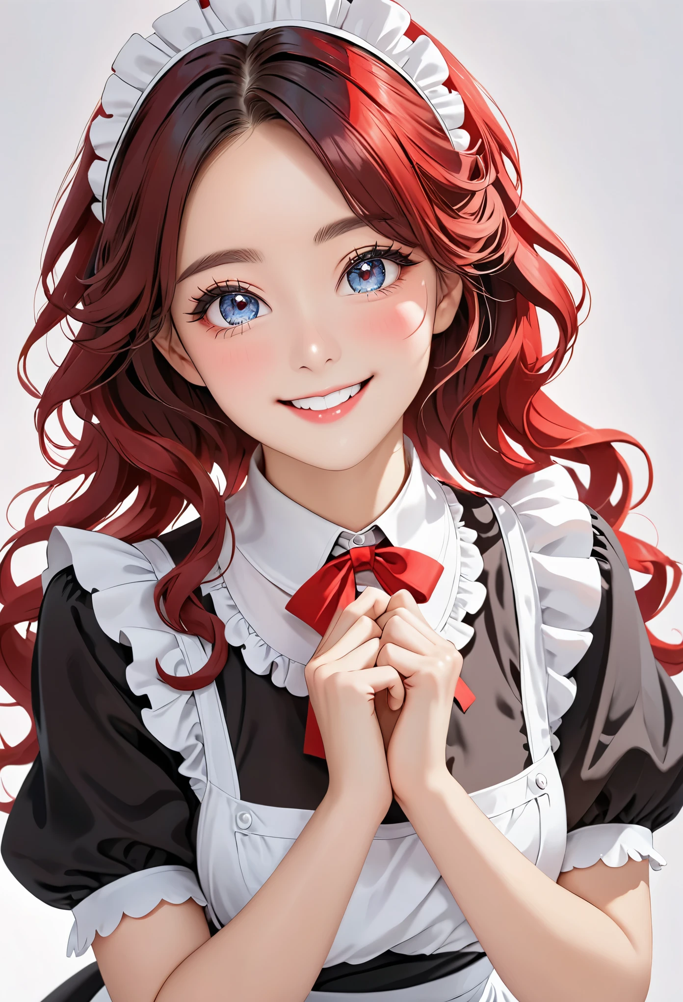 ((beautiful maid:1.5),High resolution, top quality),Wearing maid outfit,soft hands, big bright eyes, Dark and vibrant curls, sweet smile, red face, soft light, pure white background.