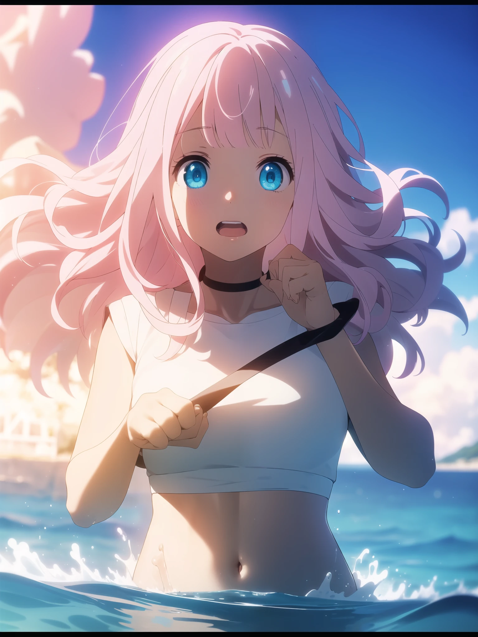 it is common, 3D,Chika Fujiwara, black bow, blue eyes, dull bangs, hair ribbon, long hair, pink hair, Breaking Black Pink Bikini(1:2) 壊す looking at viewer, break outdoors,Green Ocean、rainbow Ocean 壊す (masterpiece:1.2), highest quality, High resolution, unity 8k wallpaper, (figure:0.8), (detailed and beautiful eyes:1.6), highly detailed face, perfect lighting, Very detailed CG, (perfect hands, perfect anatomy)、whole body(1:2)