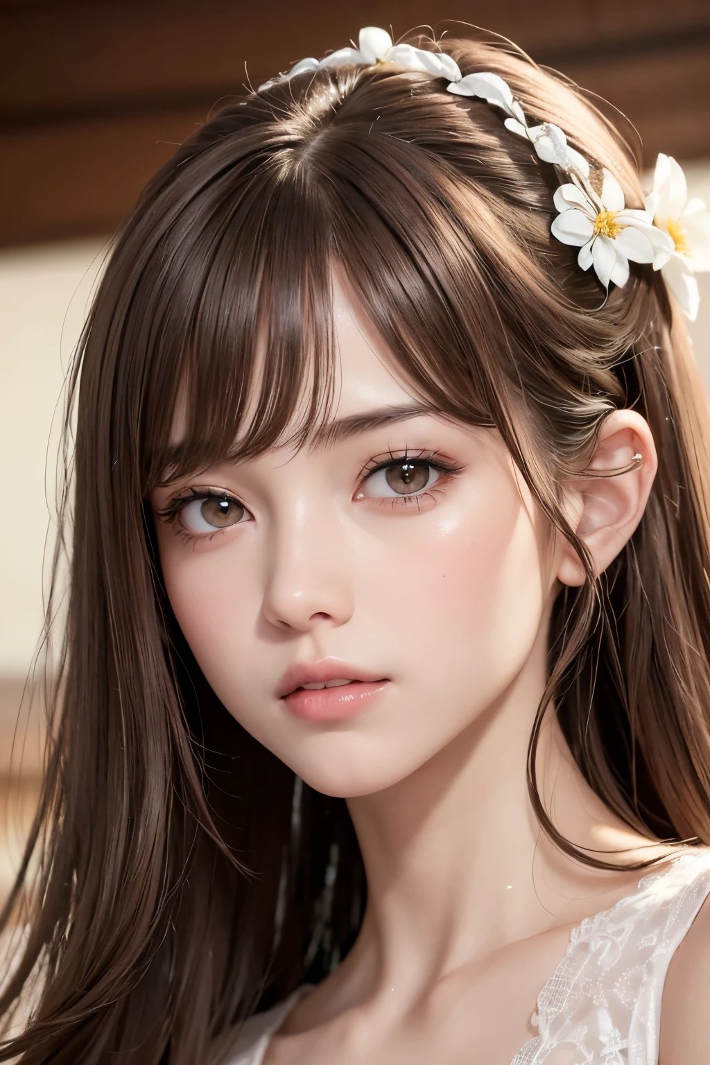 (table top:1.3), High resolution, super detailed, Highly detailed CG Unity 8K wallpaper, realistic, Photoreal, Raw photo, beautiful and detailed face, pale skin, realistic glowing skin, fine cloth texture, detailed hair texture, perfect body, beautiful face, acura, anatomically correct, Highly detailed face and skin texture, natural neck length, (Fair skin:1.2), thin legs, thin legs, (row of teeth:1.1), sweaty skin, break, fine eyes, symmetrical eyes, light brown eyes, double eyelid, thin eyebrows, (sleepy eyes:1.1), (glossy lips:1.4), (Mouth waiting for a kiss:1.2), (blush:1.2), (A small sparkling hair accessory:1.1), break, (classy girl:1.3), (wearing (dress:1.2) It has a white floral pattern、), break, ((close up shot:1.2)), medium breasts, slender body shape, toned abdominal muscles, ((up hairstyle, dark blonde hair, wavy hair, long hair:1.1)), ((asymmetrical bangs:1.2)),