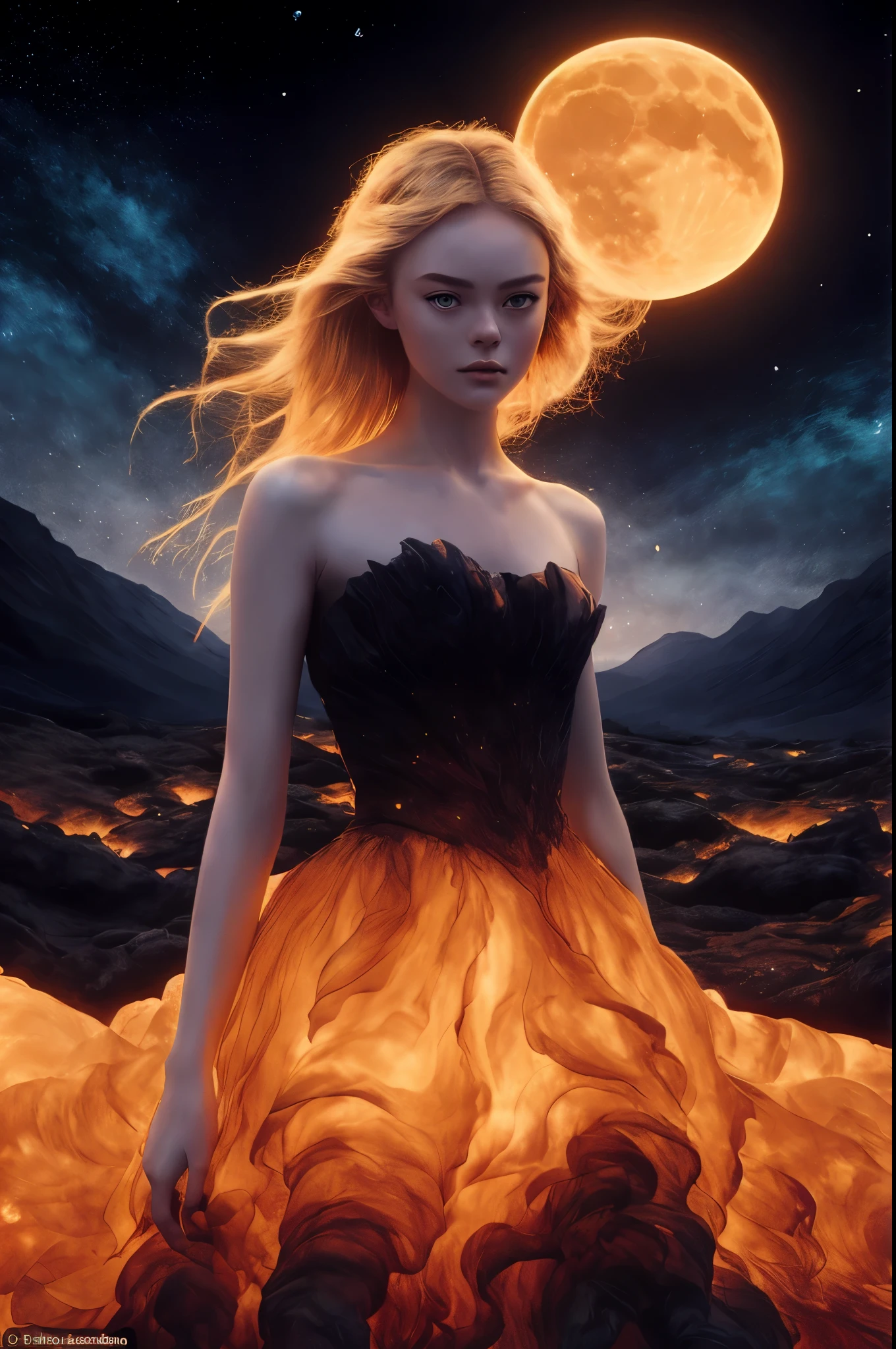 a dressed woman is standing in a field with a full moon, vestido hecho de fuego, awesome digital illustration, Hermosa obra de arte digital, fantasy art behavior, vestido de fuego, Impresionante obra de arte en 8k, karol bak uhd, epic surrealism oil painting 8k, fantasy art style, fantasy digital art, epic fantasy digital art style, fantasy digital painting