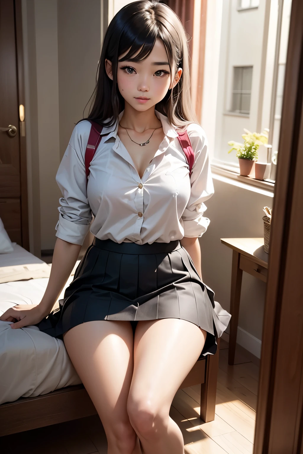 ultra highres,(reality: 1.4),highest quality, masterpiece, high detail, 16K quality, beautiful, 1 beautiful girl,japanese,super beautiful face,,japanese idol face,cute face,super detailed face,detailed hand,beautiful skin,sweaty skin,big eyes,smile,profeccional lighting,pony tail, black hair,brown beautiful eyes, white shirt, open button,cleavage,checked skirt,((sitting with knee up)),(skirt lift),(((showing panties:1.3))),white panties,spread legs,medium breasts,black high socks,she is looking at the camera,skyscraper looftop,blue sky,nsfw,from front,