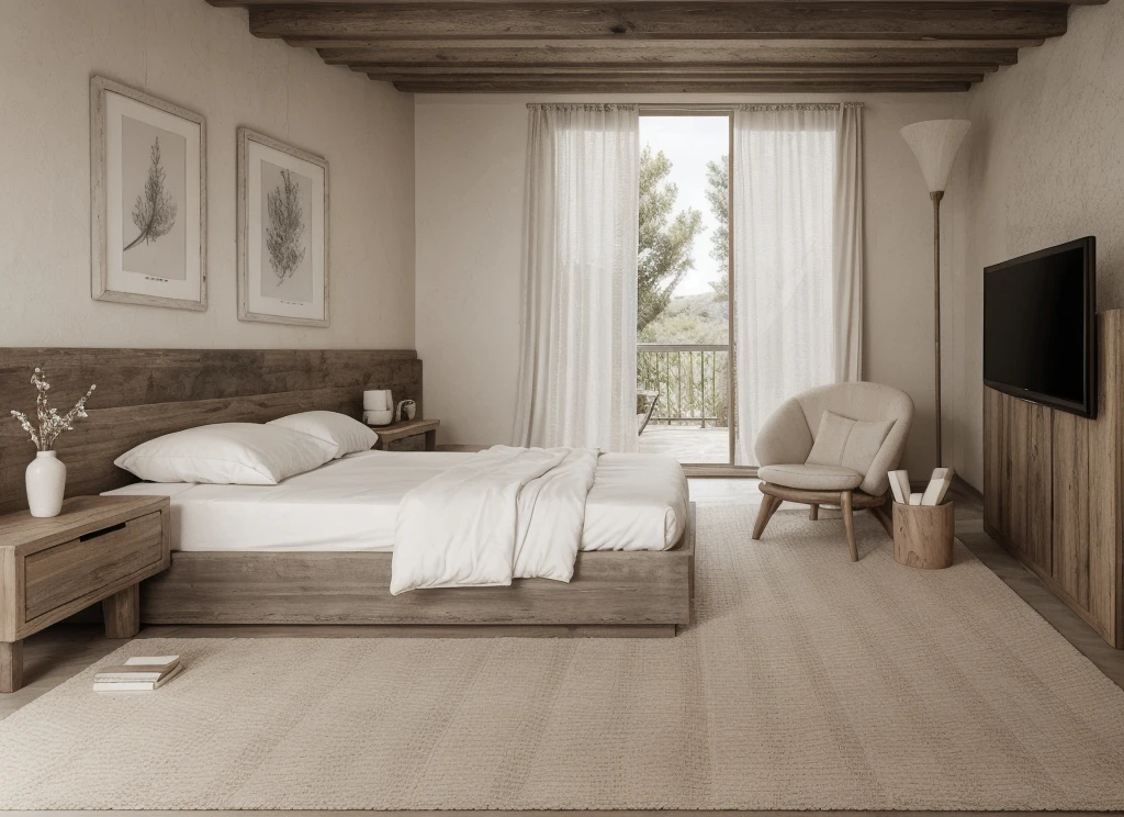 wabi-sabi bedroom interior, wabi-sabi interior style, le design a tendance à être minimaliste, ambiance apaisante et naturelle, ((gray and white color scheme)), ((roughly hewn wood)), textiles faits à la main,Tissus naturels, languette, lampe, tapis, parquet, tentures,window, (rough-hewn ceiling), (roughly hewn wall), television, roughly hewn wood cabinet, cadres photo, old furniture and decorative objects, lumiere maussade